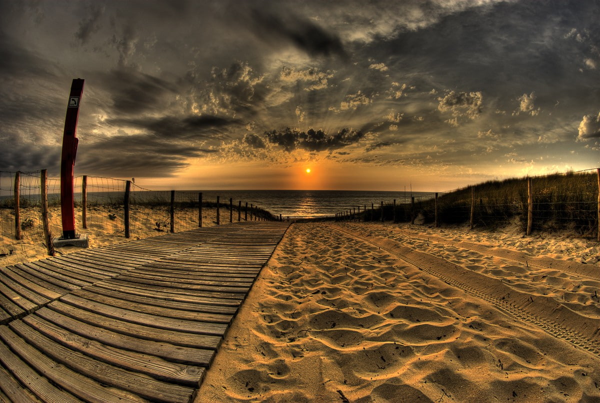 sea, idyllic, nature, sun, land, the way forward, cloud - sky, orange color, wooden post, beach, no people, beauty in nature, water, 480P, sunset, path, HD Wallpaper