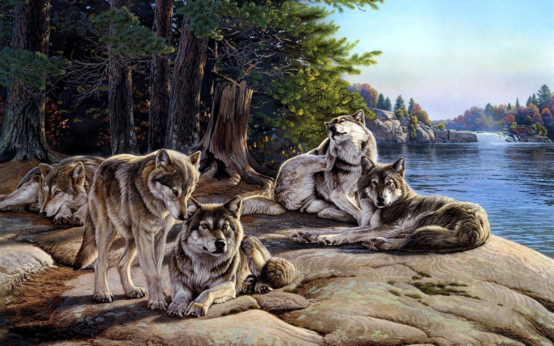 painting, 1080P, Al Agnew, animals, wolf, landscape, HD Wallpaper