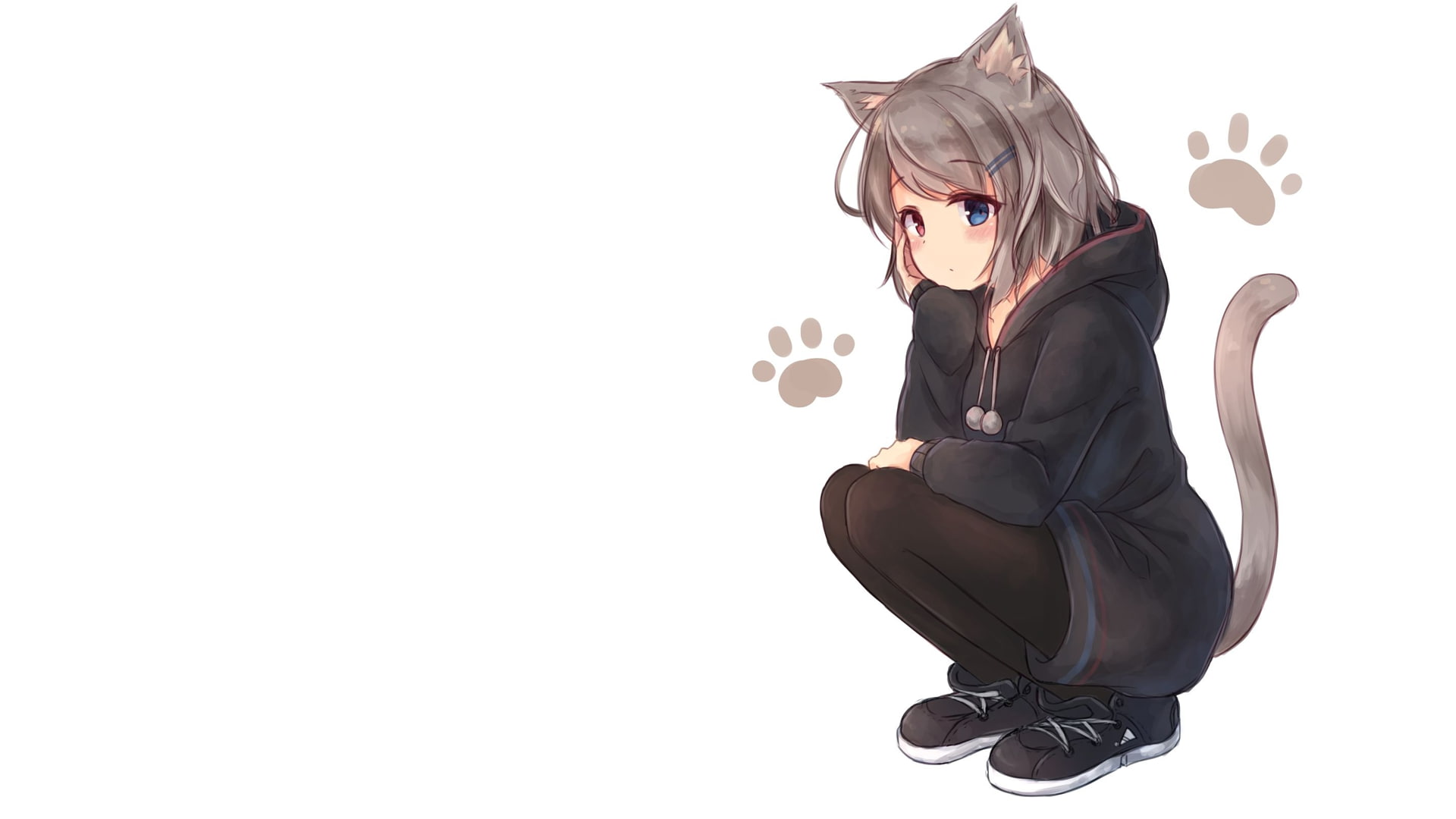 white background, manga, anime, simple background, 1080P, anime girls, nekomimi, different colored eyes, minimalism, cat footprints, HD Wallpaper