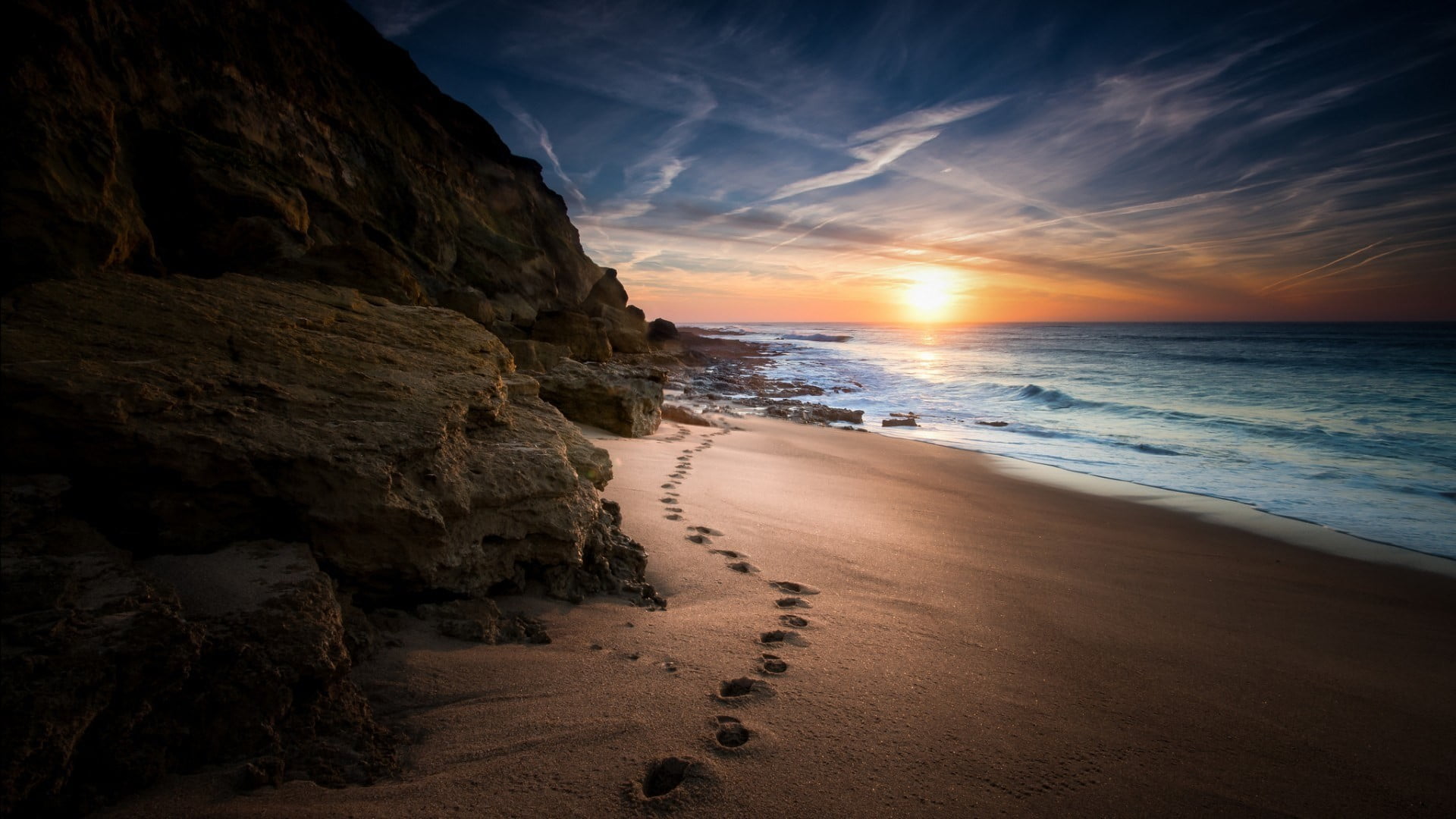 sky, footprints, cliff, solid, nature, sea, beauty in nature, sand, low tide, photography, horizon, landscape, cloud - sky, beach, sunset, idyllic, 1080P, HD Wallpaper