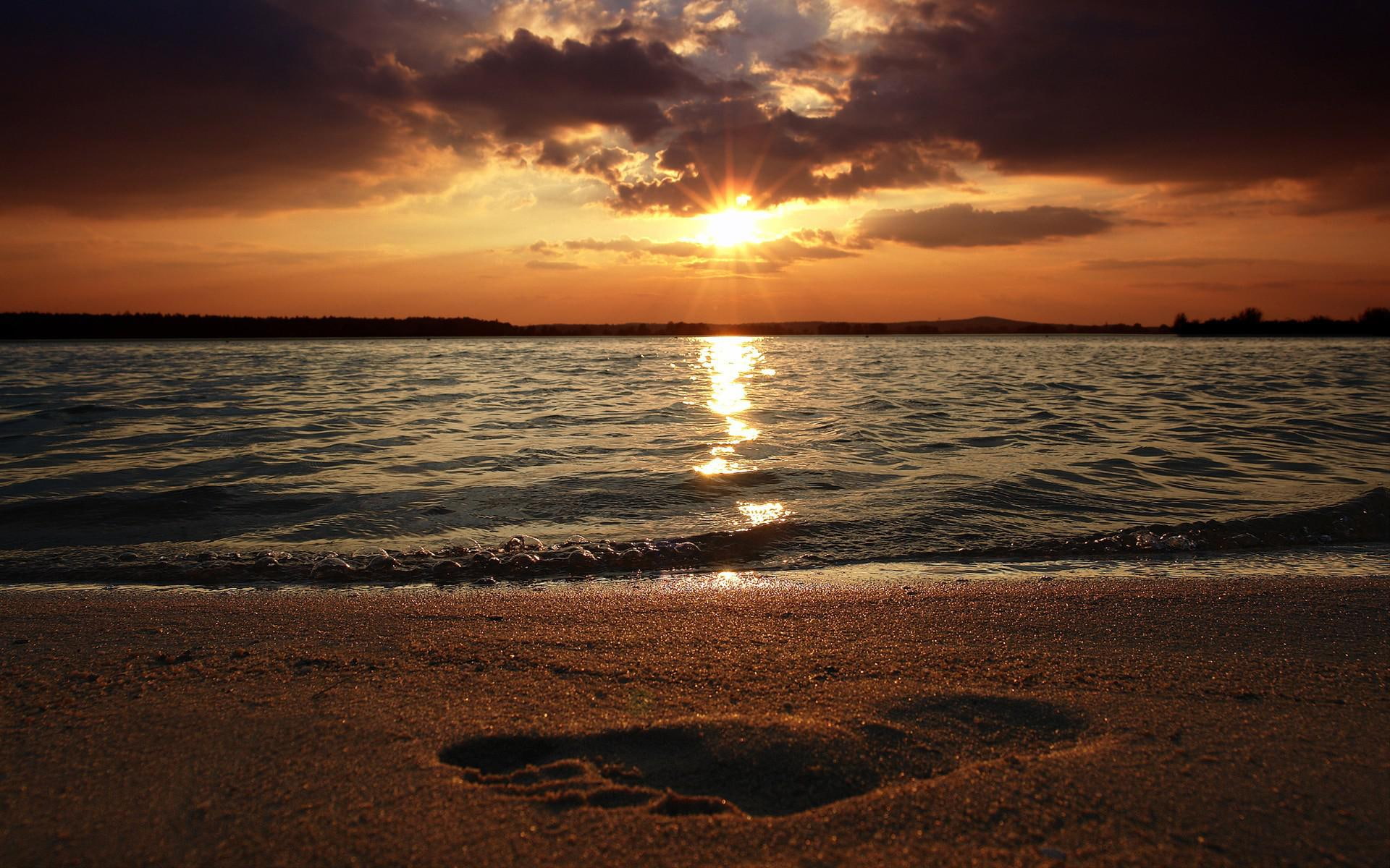 beaches, pictures, sand, 1080P, water, ocean, landscapes, beach, footprint, sunset, HD Wallpaper