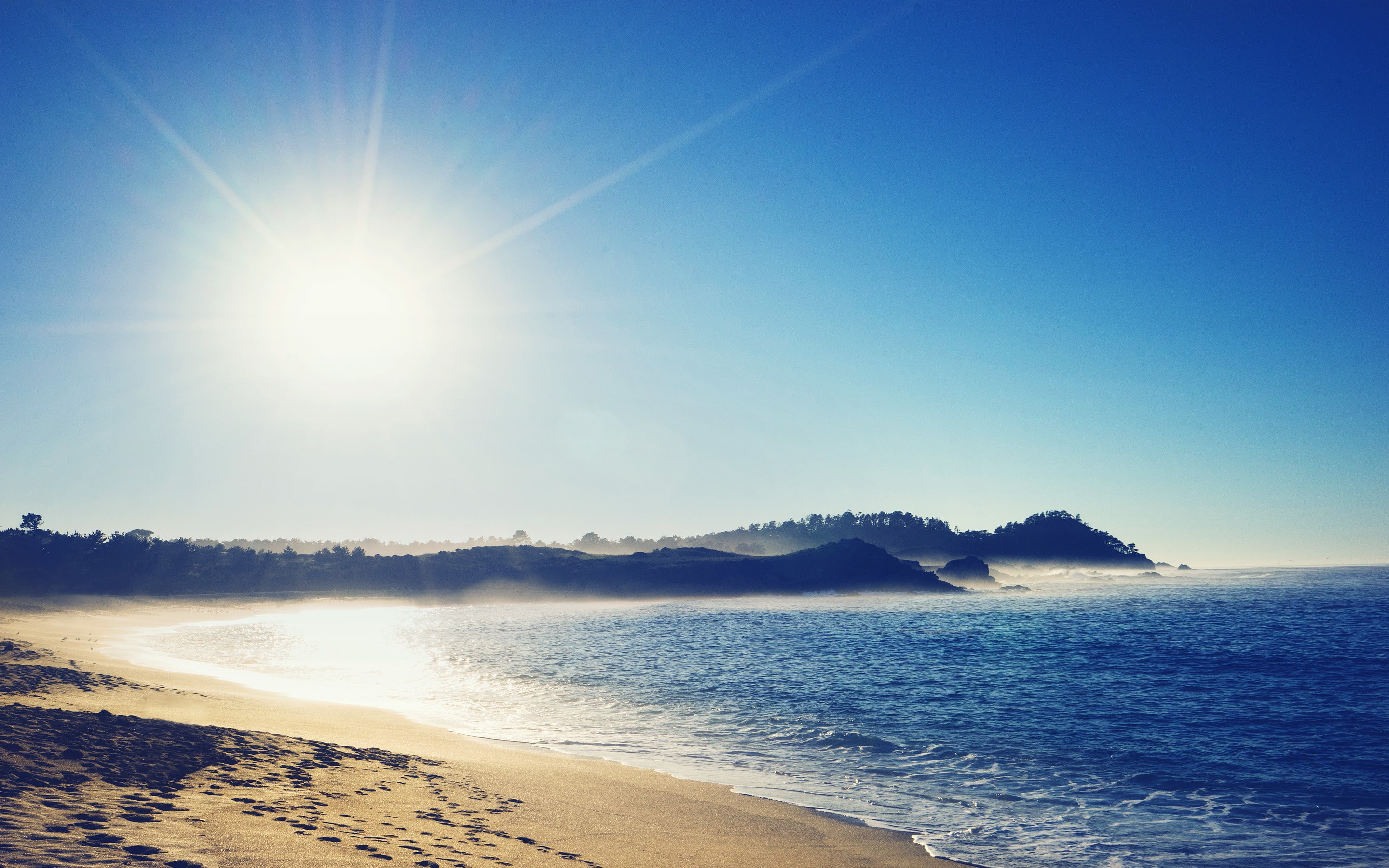 2K, trees, sun, footprints, seashore, sand, blue, Sea, beach, brown, HD Wallpaper