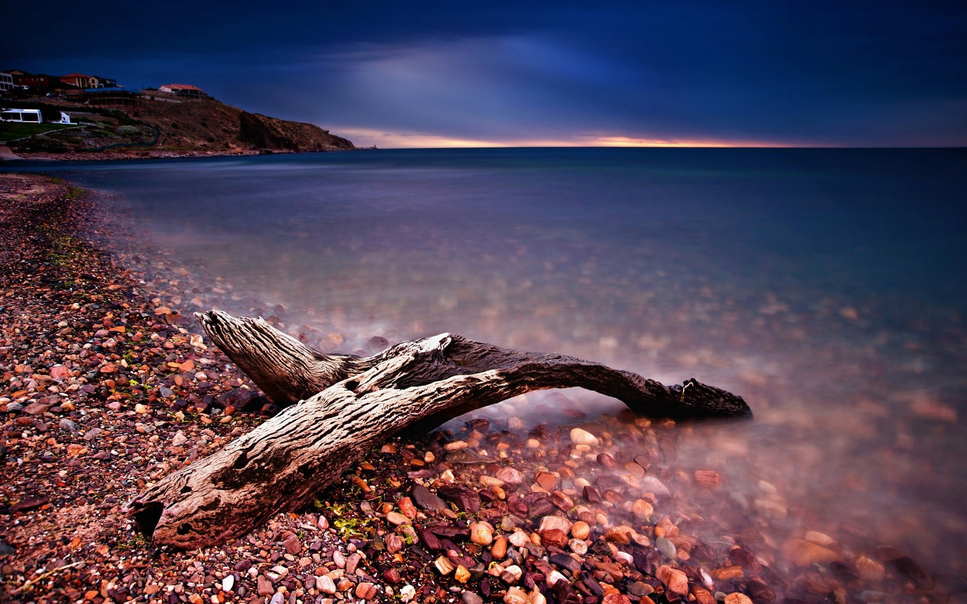wood, tree, clouds, coast, driftwood, pebbles, calm, gray, landscape, sky, long exposure, beach, water, land, 1080P, rock, tranquil scene, environment, HD Wallpaper