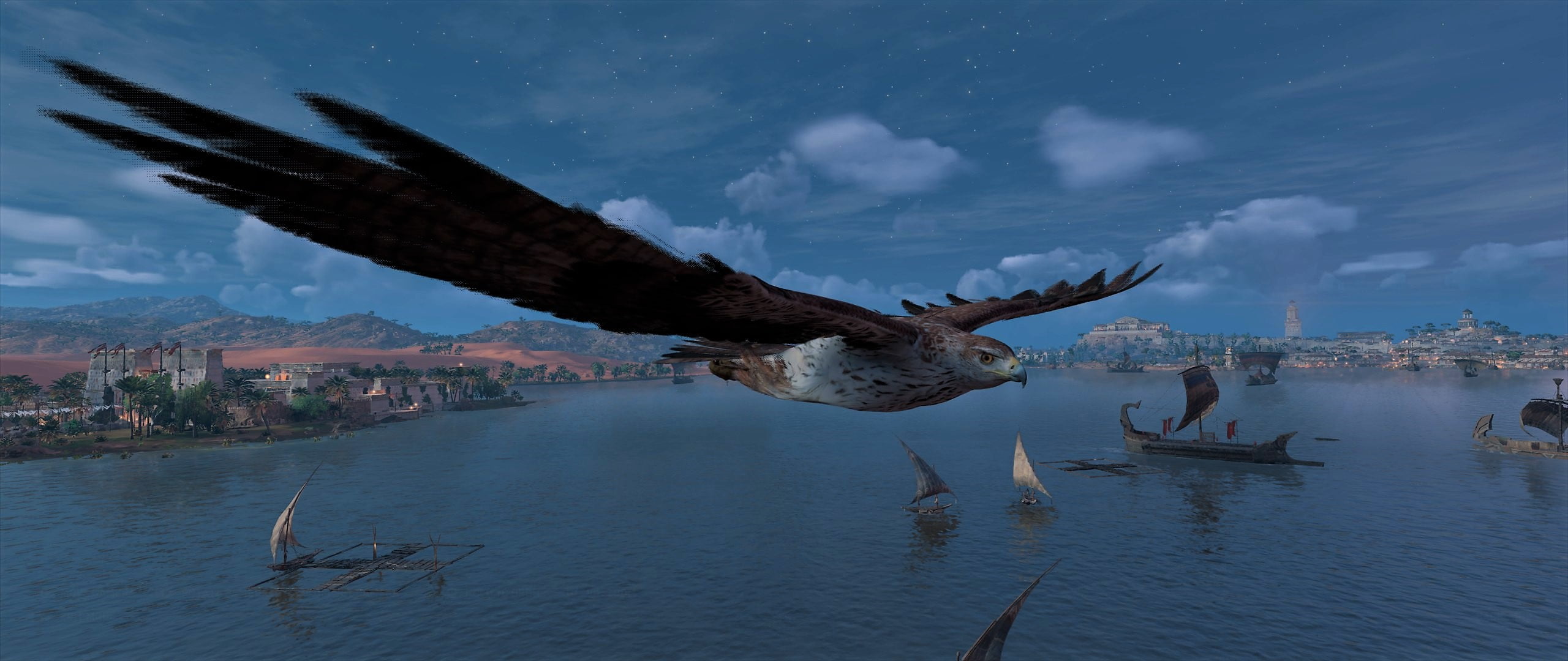 tranquility, transportation, sky, tranquil scene, cloud - sky, nautical vessel, mountain, nature, reflection, Assassins Creed, lake, waterfront, Assassins Creed: Origins, HD Wallpaper