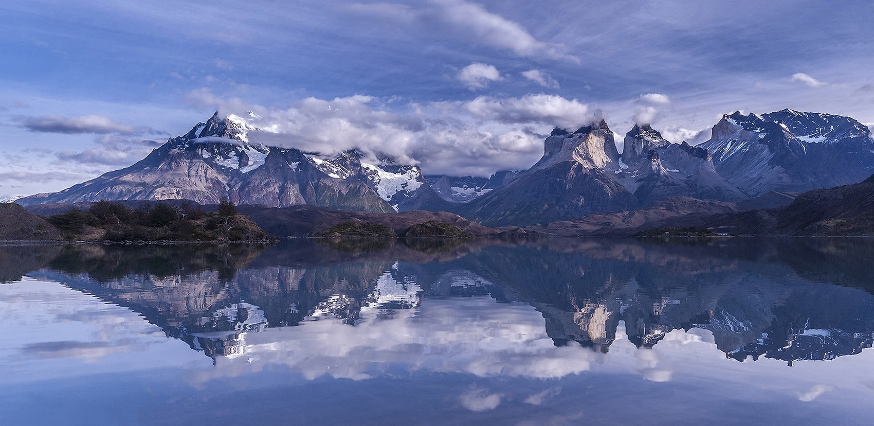 Torres del Paine, clouds, snowy peak, nature, water, reflection, summer, Chile, 720P, lake, mountains, Patagonia, trees, morning, landscape, HD Wallpaper