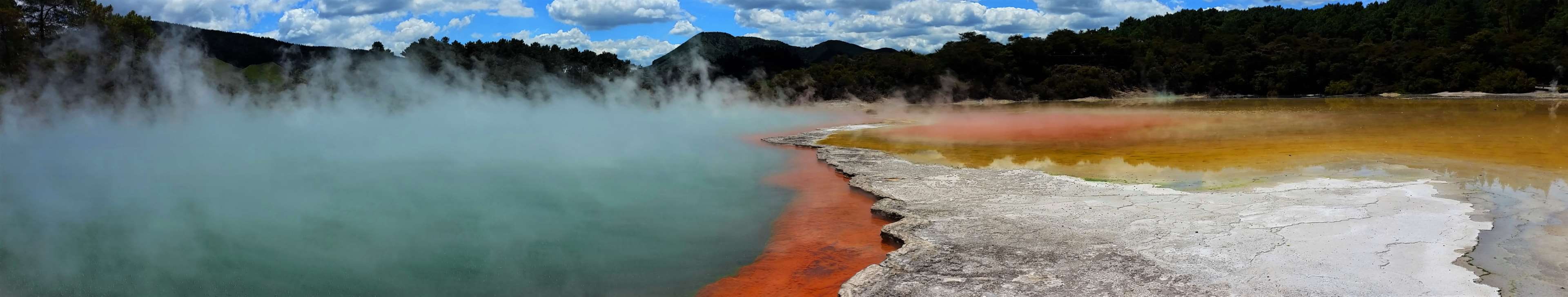 rock - object, tranquility, travel destinations, hills, pool, nature, steam, blue, yellow, scenics - nature, tranquil scene, red, geothermal, river, rotorua, HD Wallpaper