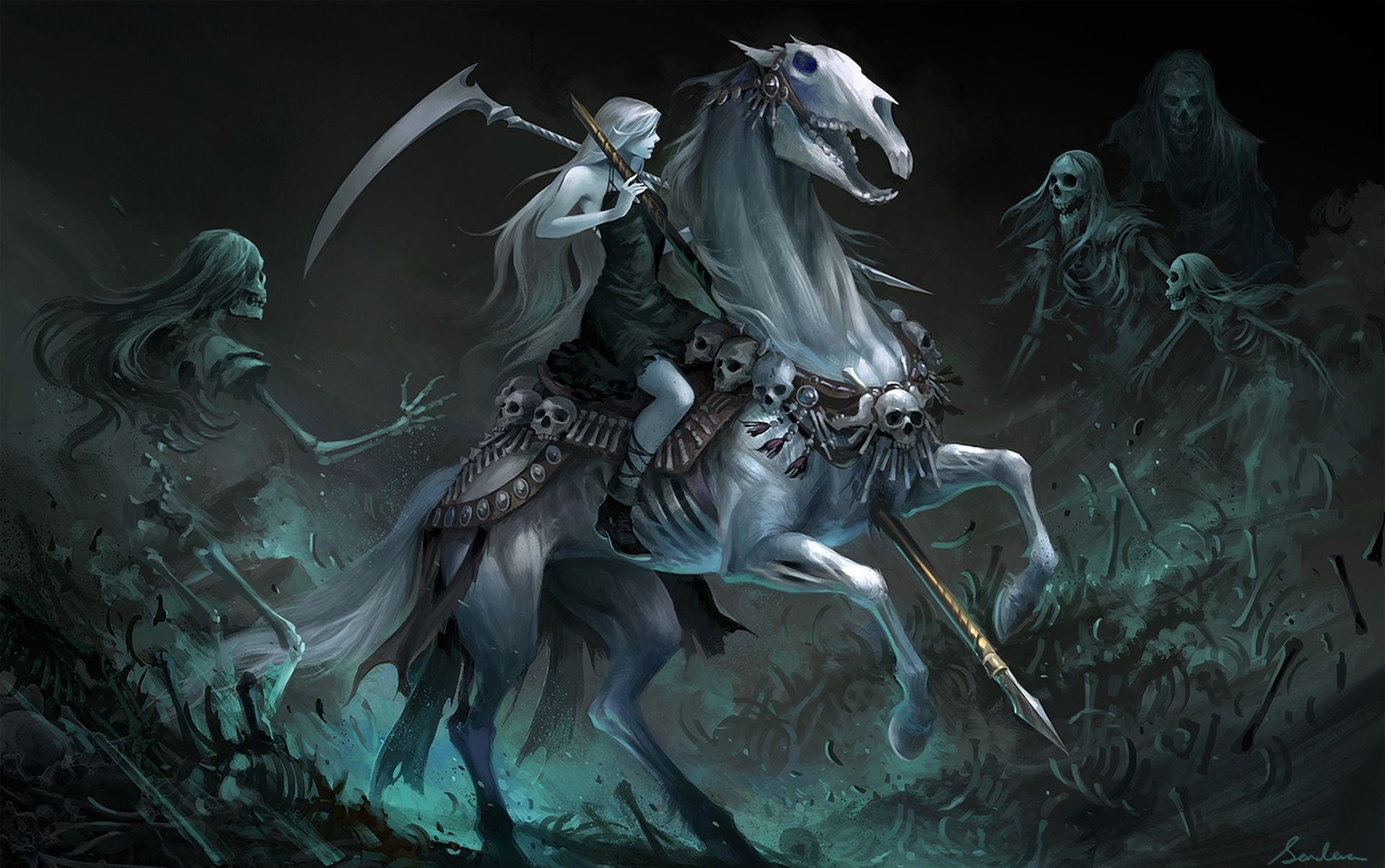 Girl, Woman, Dark, Skeleton, Scythe, Women, Undead, Horse, 1080P, HD Wallpaper