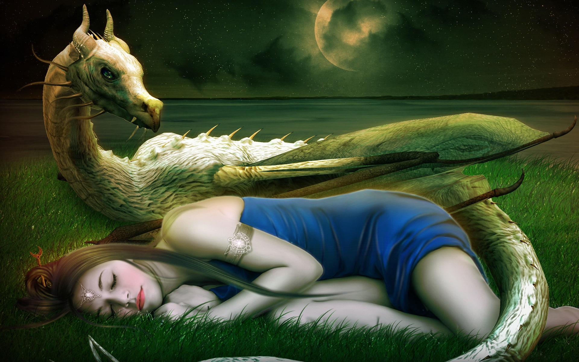 Asleep, Art, Dragon, painting, women, 1080P, Girl, Fantasy, HD Wallpaper