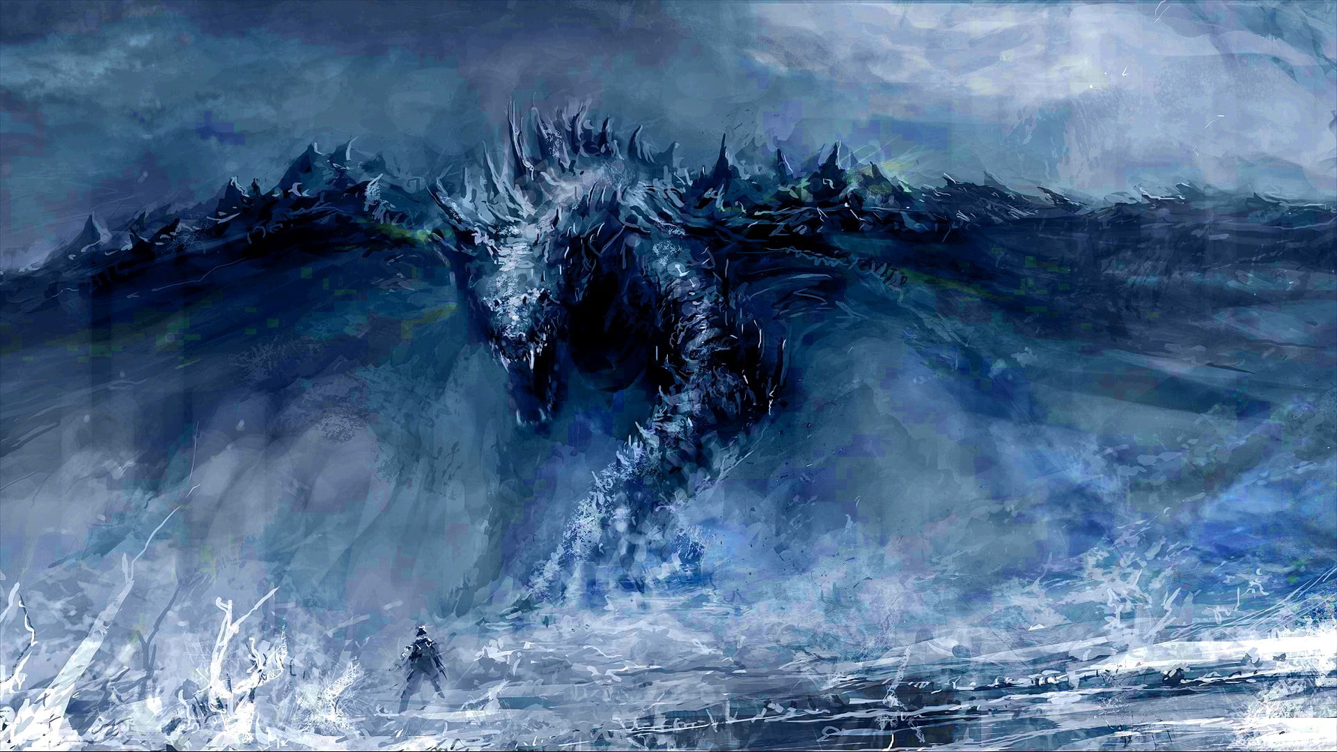 ice, nature, geology, 1080P, scenics - nature, environment, illustration, cold temperature, wave, splashing, blue, outdoors, dragon, non-urban scene, travel, HD Wallpaper