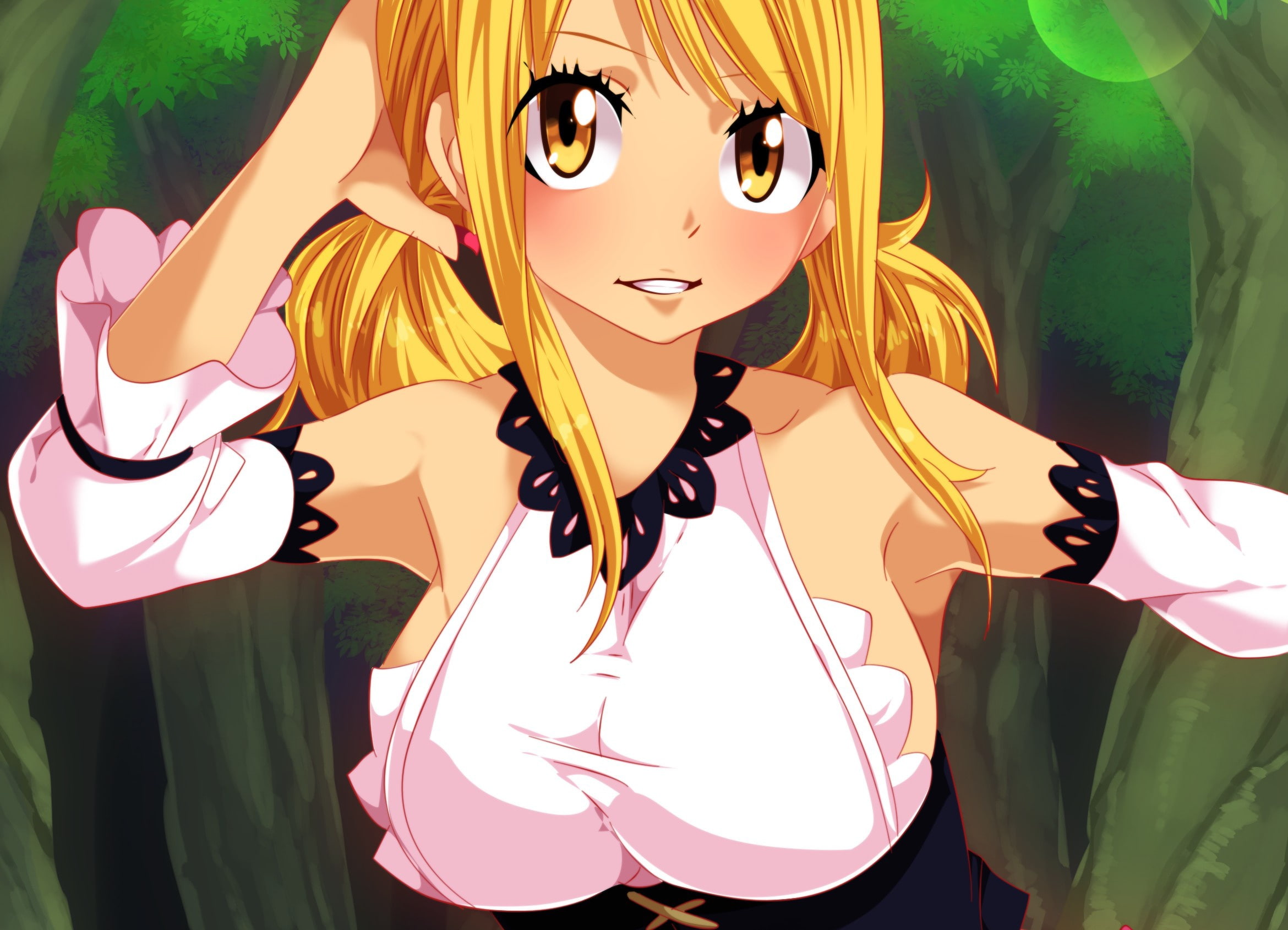 madoshi, asiatic, Lucy, bishojo, big, anime, Fairy Tail, asian, forest, game, pretty face, blonde, 1080P, pretty, manga, oriental, kawaii, mahou, japanese, HD Wallpaper