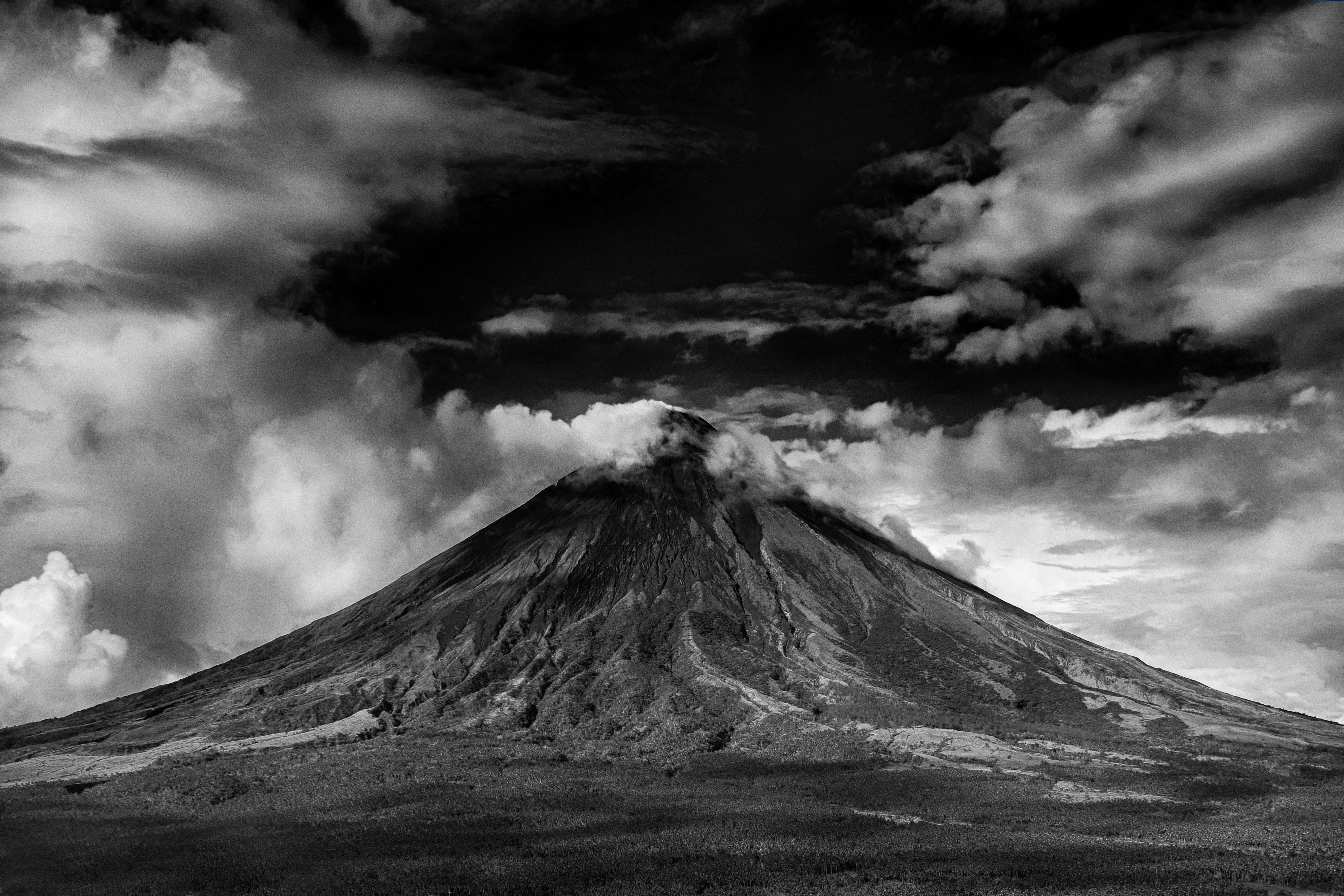 nature, dawn, volcanic crater, photo, active, environment, black and white, clouds, wasteland, ominous, volcanic landscape, mountain peak, tranquility, HD Wallpaper