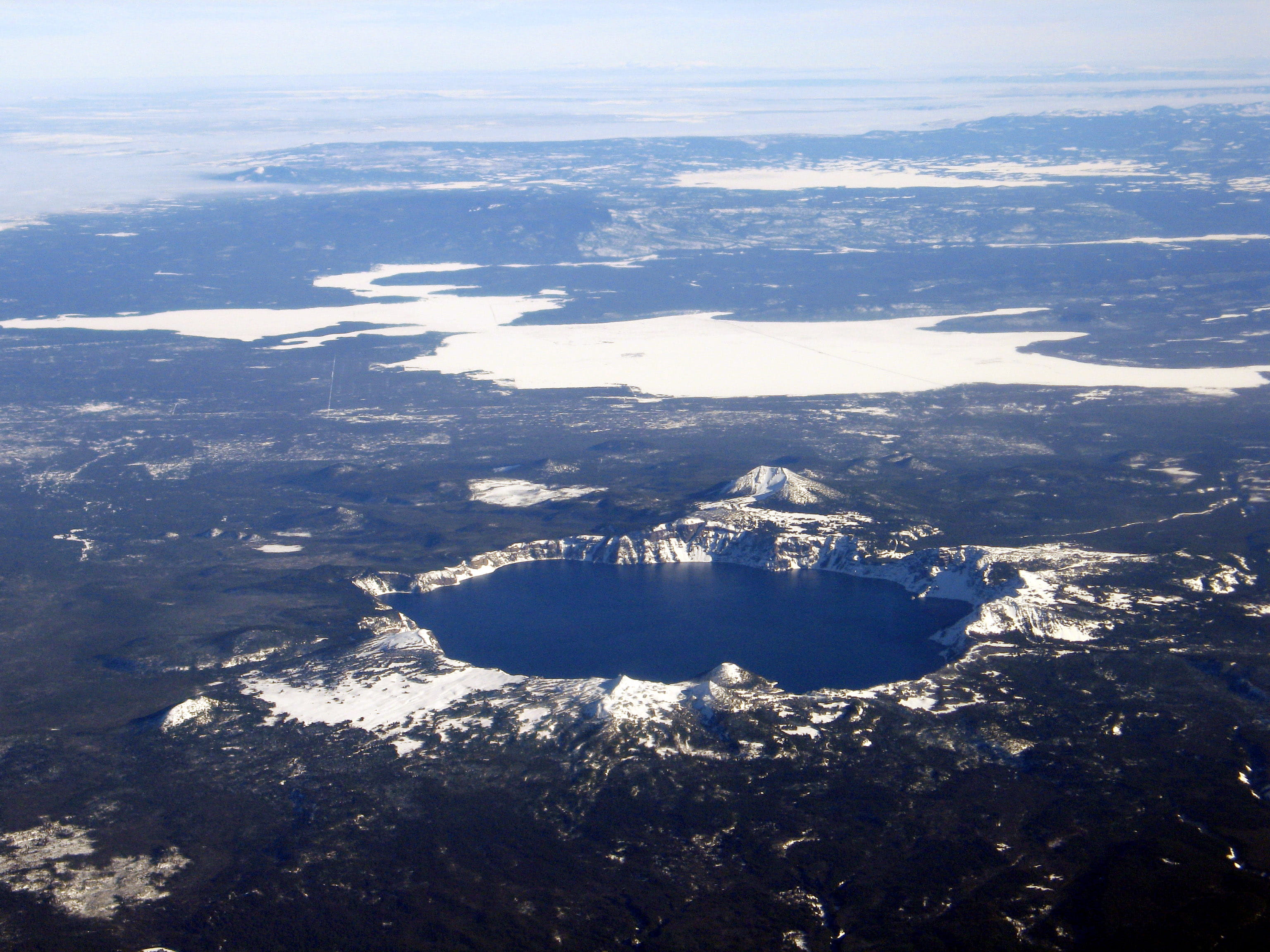 photo, view, winter, snow, tranquil scene, non-urban scene, sky, cold temperature, sea, water, mountain, airplane, Oregon, Crater Lake National Park, land, HD Wallpaper