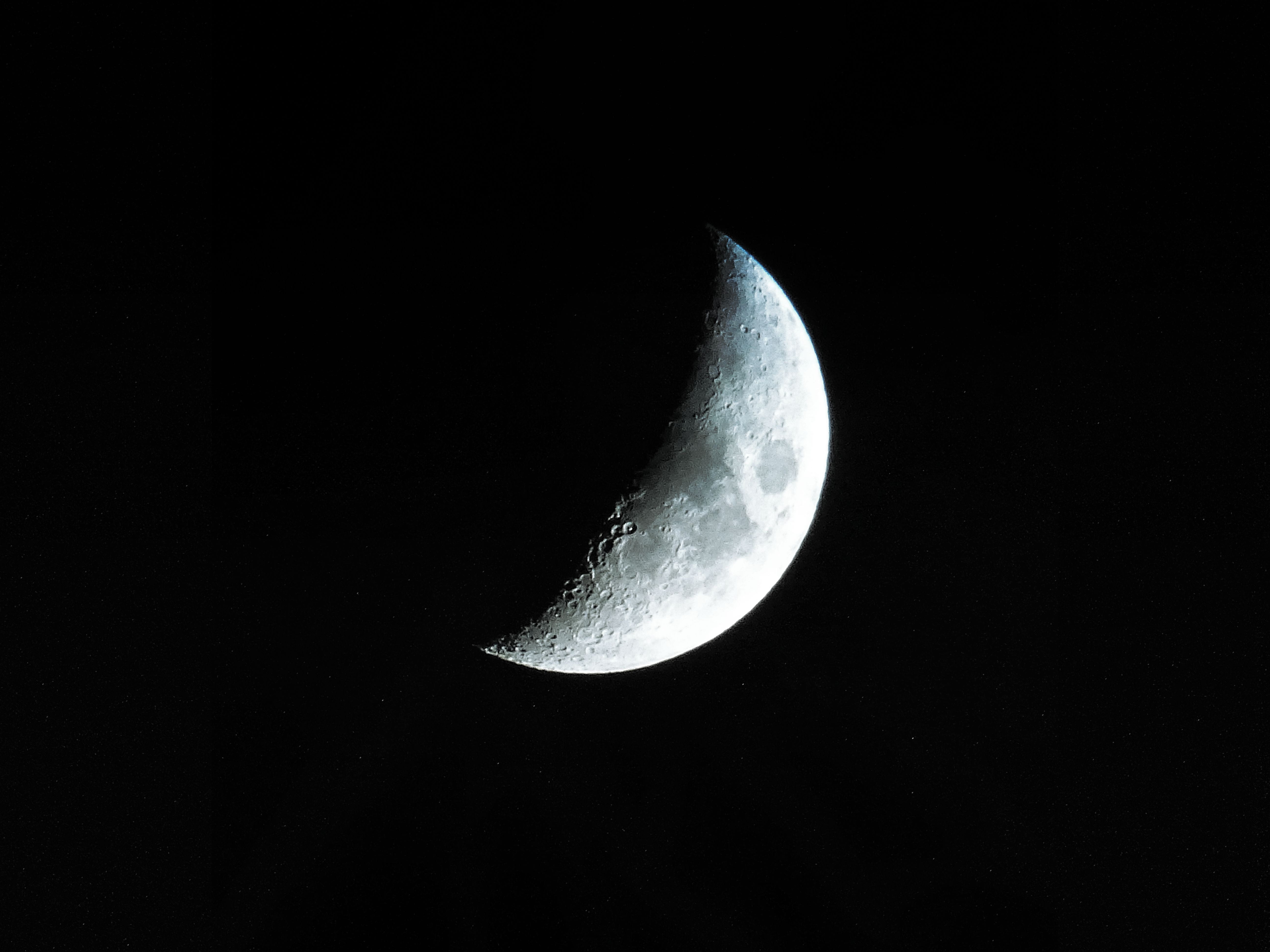 tranquil scene, tranquility, dark, sky, scenics - nature, astrology, outdoors, space, no people, majestic, half moon, black and white, 5K, planetary moon, HD Wallpaper