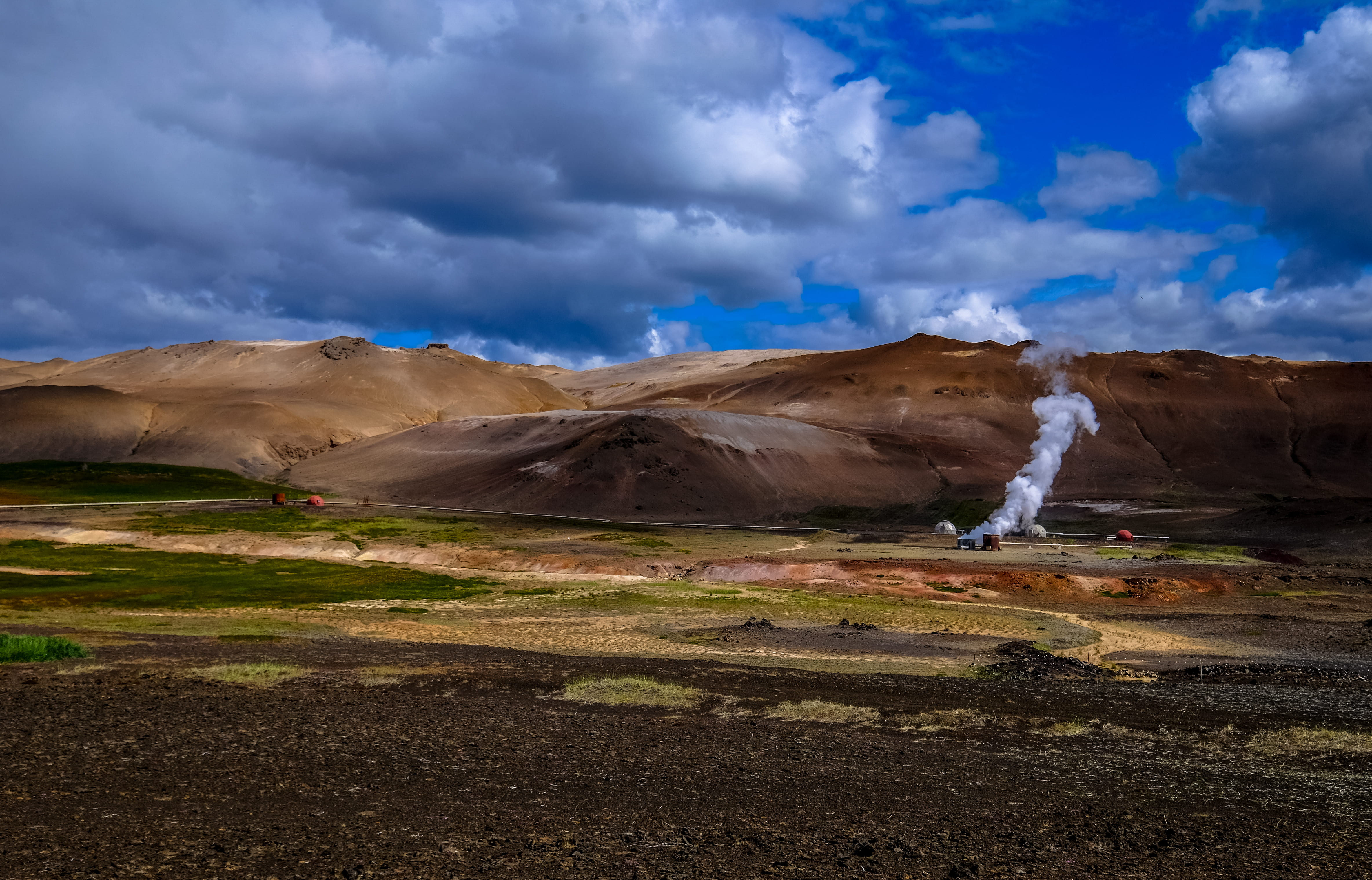 scenics - nature, mountains, smoke, tranquil scene, dramatic landscape, outdoors, dark, clouds, blue sky, grass, valley, tranquility, non-urban scene, mountain, HD Wallpaper