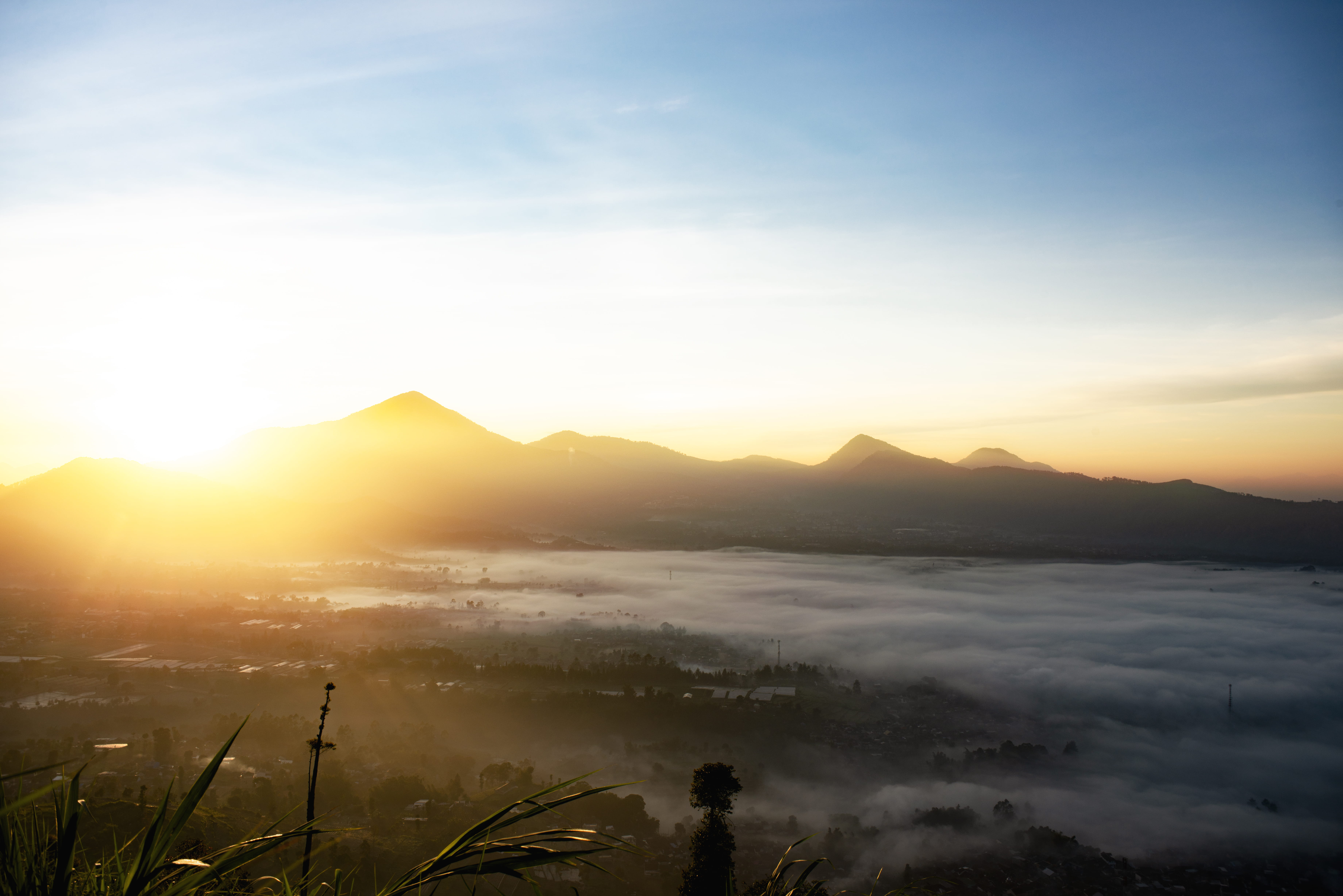lembang, idyllic, bandung, silhouette, tranquil scene, 5K, nature, light, red sky, flare, sunlight, SUNSET, dawn, LANDSCAPE, green, dusk, foggy, mountain, HD Wallpaper