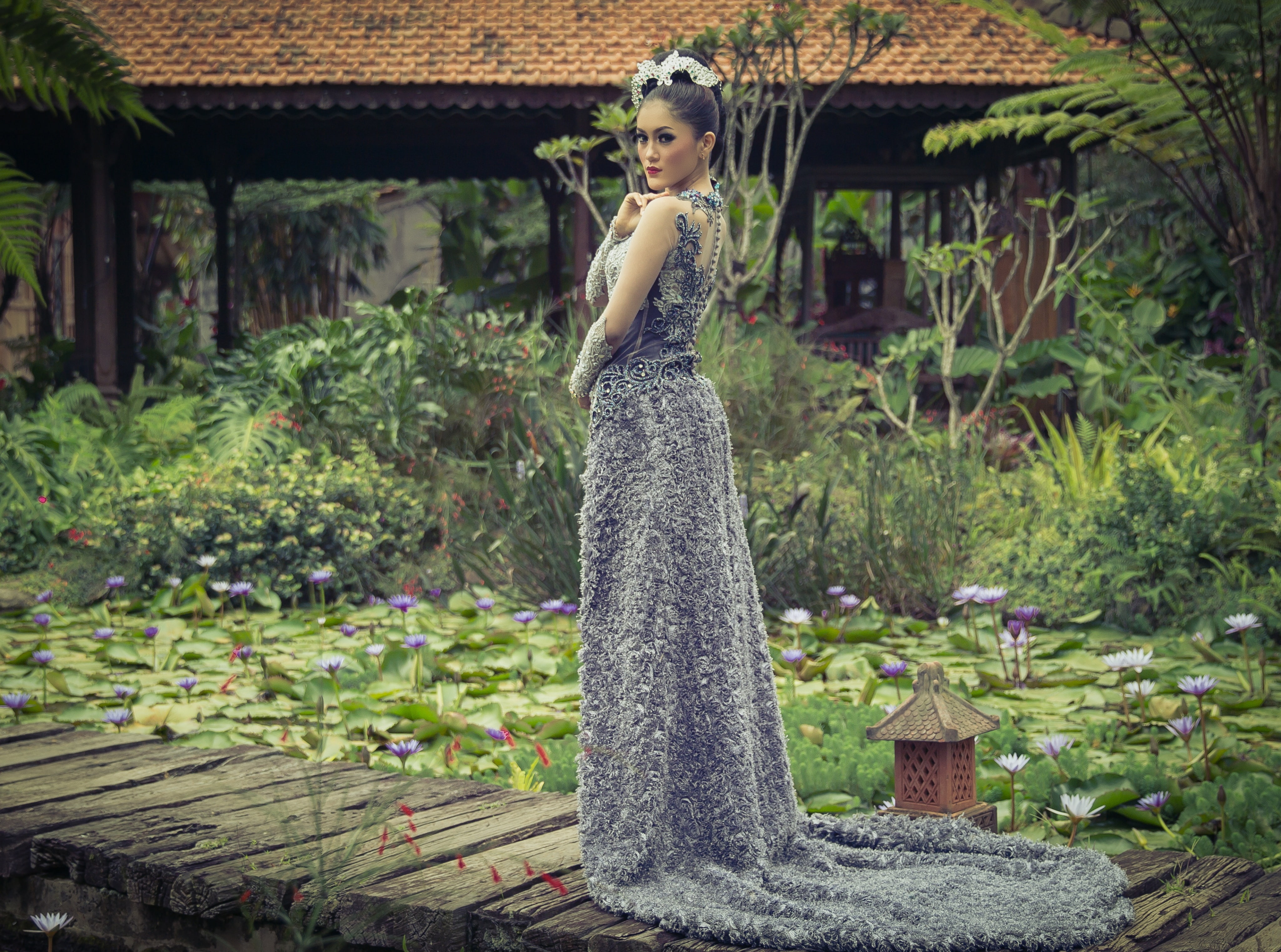 beautiful woman, beauty, black, plant, sleeveless, hair, dress, long, elegance, outdoors, hairstyle, s, fashion model, 4K, young adult, wedding, traditional, HD Wallpaper