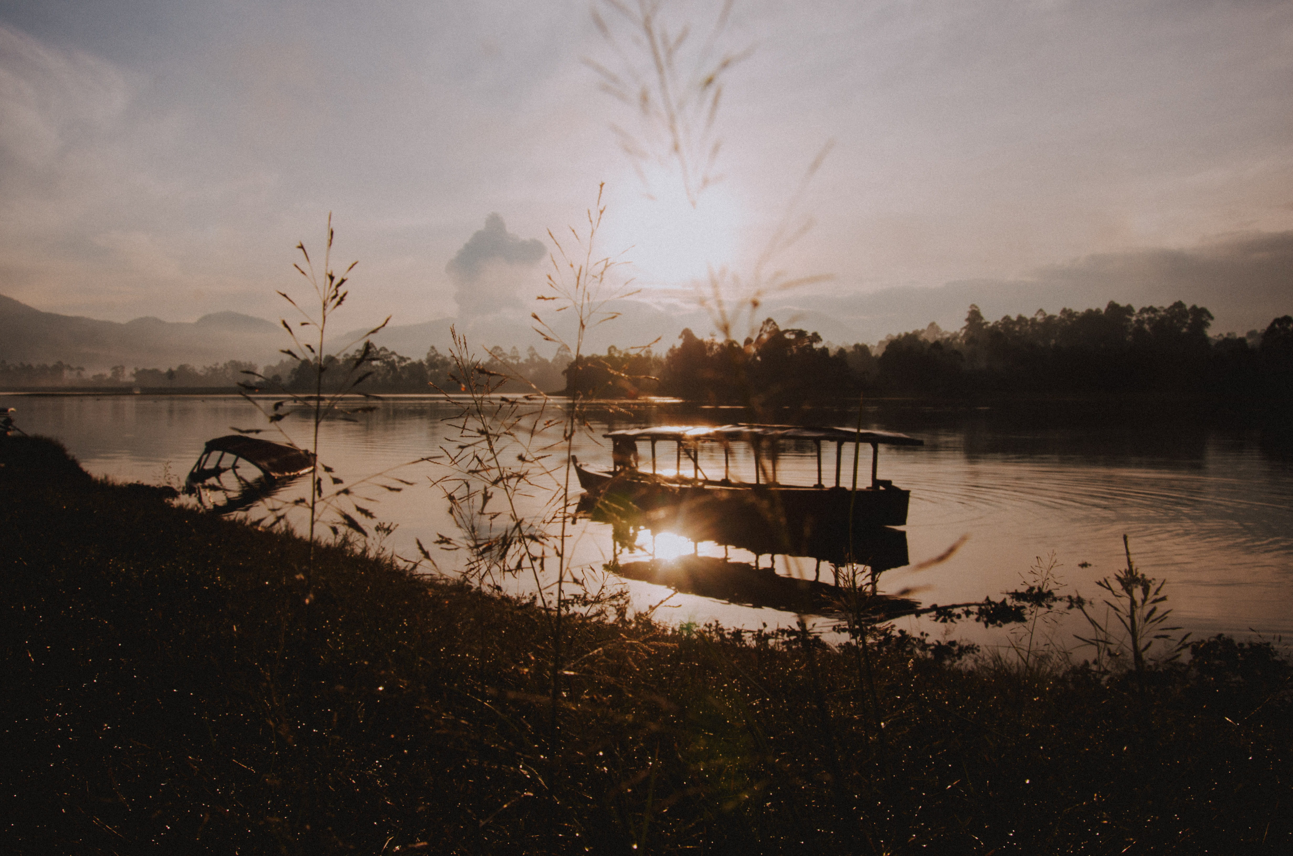 sky, water, bandung, tranquil scene, nautical vessel, dawn, non-urban scene, grass, cloud - sky, red sky, silhouette, vehicle, situ cileunca, bog, tranquility, HD Wallpaper