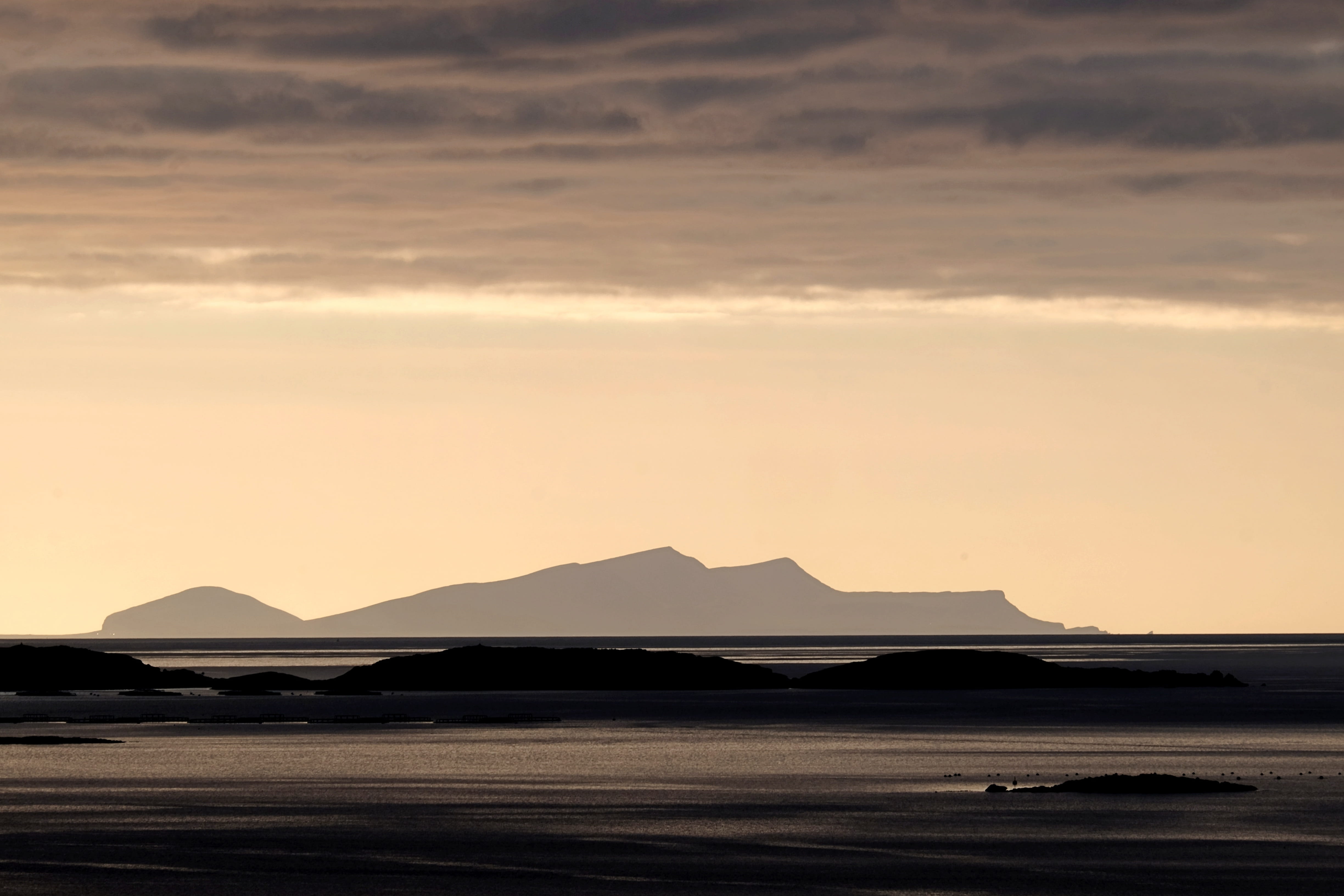 orange color, 4K, non-urban scene, foula, atlantic, sky, scottish, tranquil scene, no people, water, mountain, horizon, silhouette, united kingdom, shetland island, HD Wallpaper