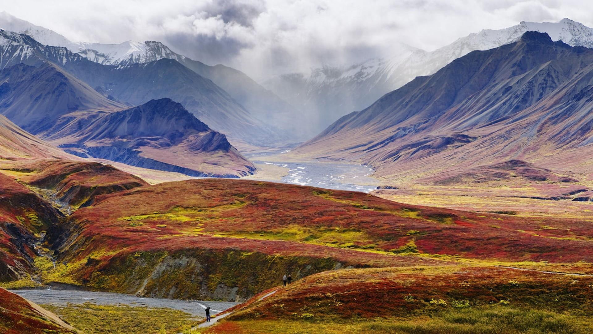 illustration, mountains, brown, valley, center, green, nature and landscapes, eielson, view, hikers, clouds, field, 1080P, grass, alaska, visitors, HD Wallpaper