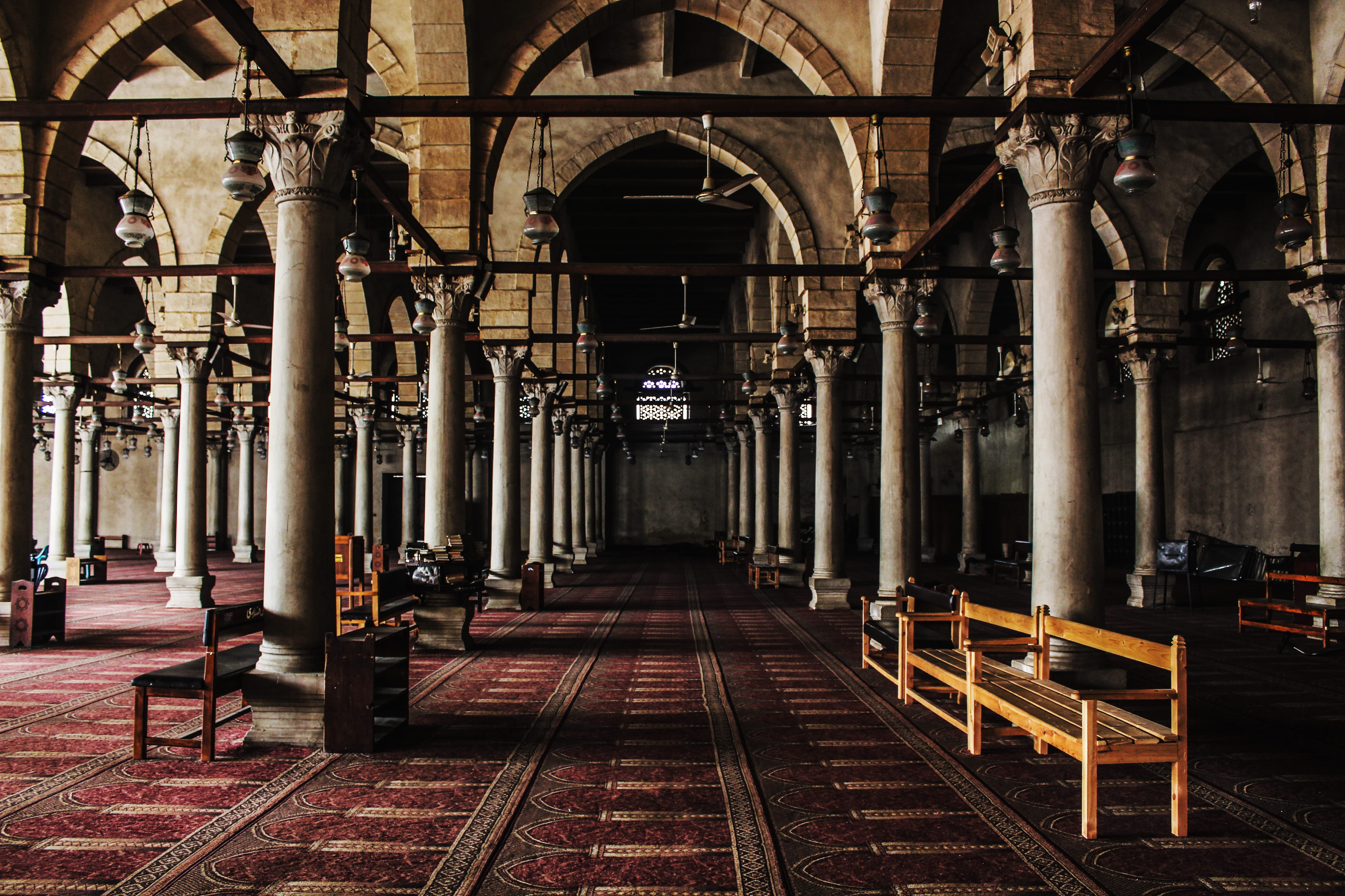 place of worship, concrete, brown, building exterior, no people, light, islam, arcade, arch, bench, museum, prayer, wooden, architecture, interior, direction, HD Wallpaper
