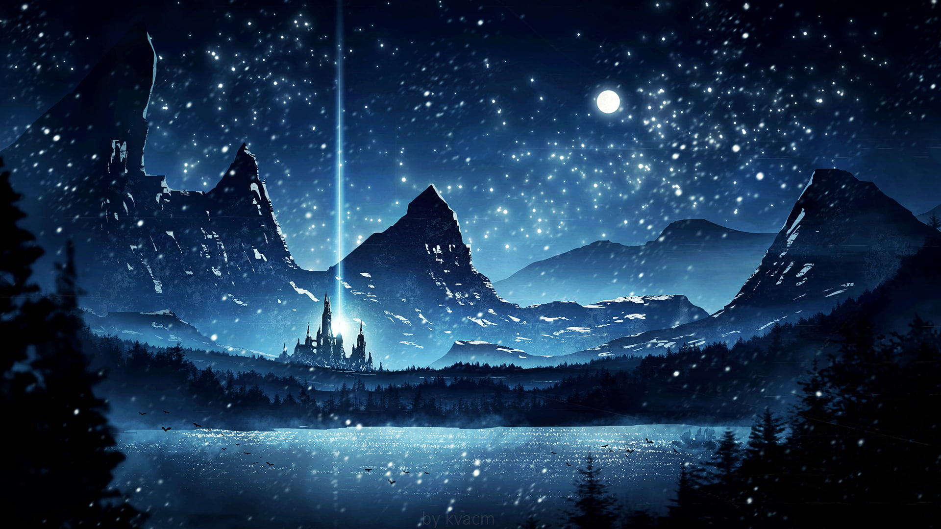 Fantasy, Landscape, Lake, Night, Beam, Mountain, 1080P, Nature, HD Wallpaper