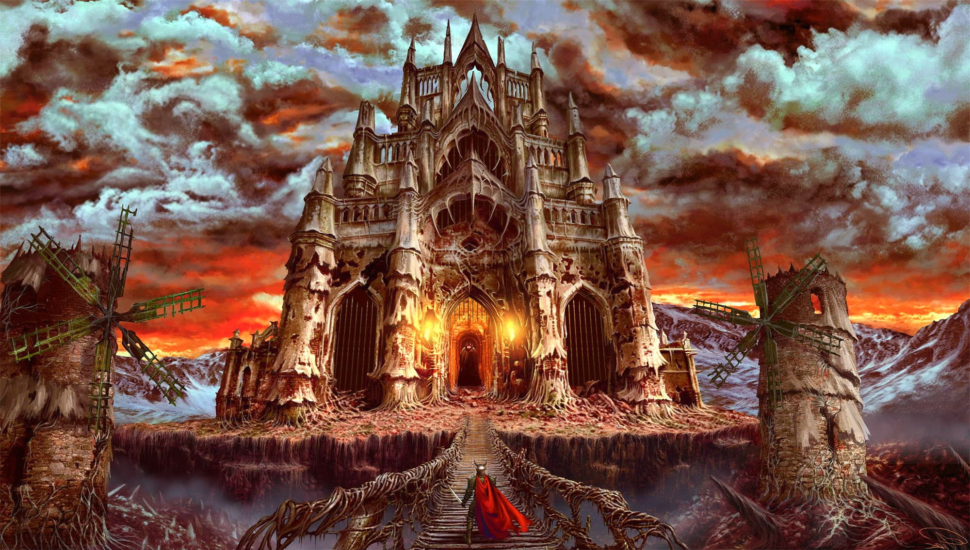 ornate, ruined, 1080P, history, Dark, building exterior, architecture, illuminated, fantasy, Indie, adventure, building, sky, artwork, religion, knight, HD Wallpaper