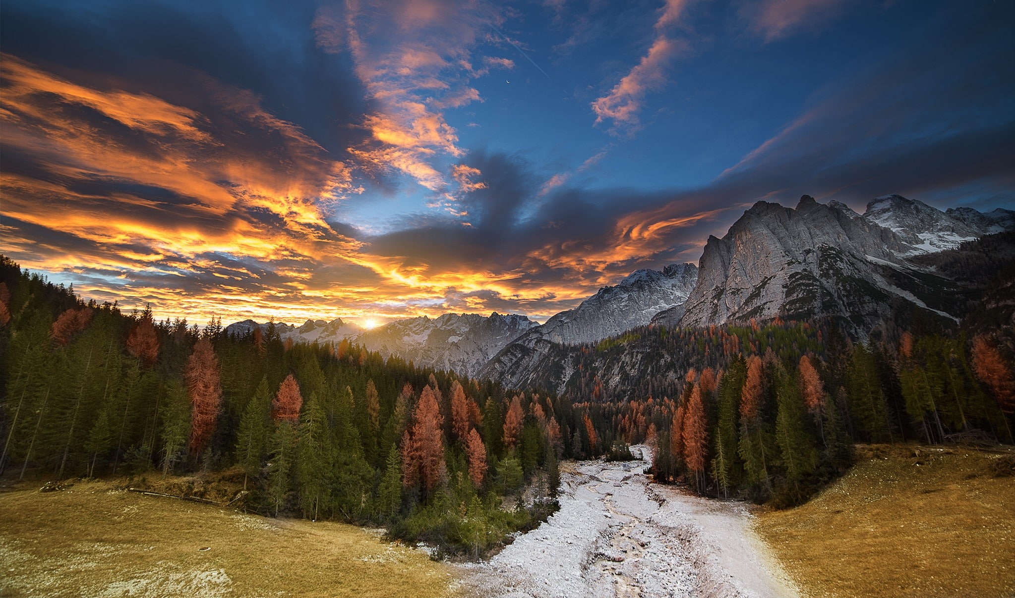 clouds, fall, nature, sunset, dry grass, 1080P, landscape, forest, sky, colorful, pine trees, mountains, HD Wallpaper