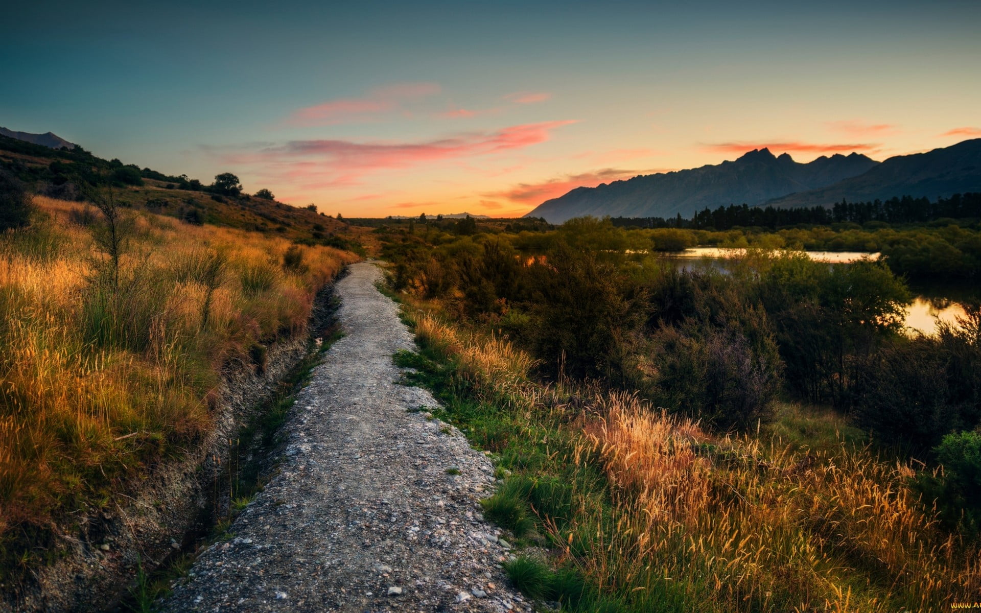mountains, 1080P, land, brown, landscape, grass, dry grass, trees, growth, dusk, direction, no people, footpath, green, non-urban scene, long, tranquil scene, HD Wallpaper