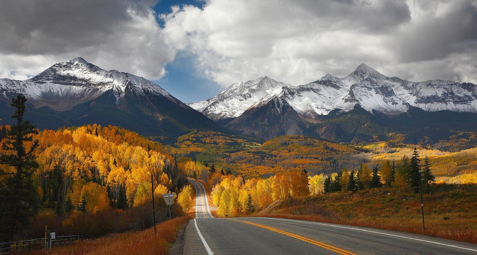 sign, dry grass, autumn, fall, beauty in nature, cloud - sky, mountains, snowcapped mountain, scenics - nature, landscape, direction, dividing line, road marking, HD Wallpaper
