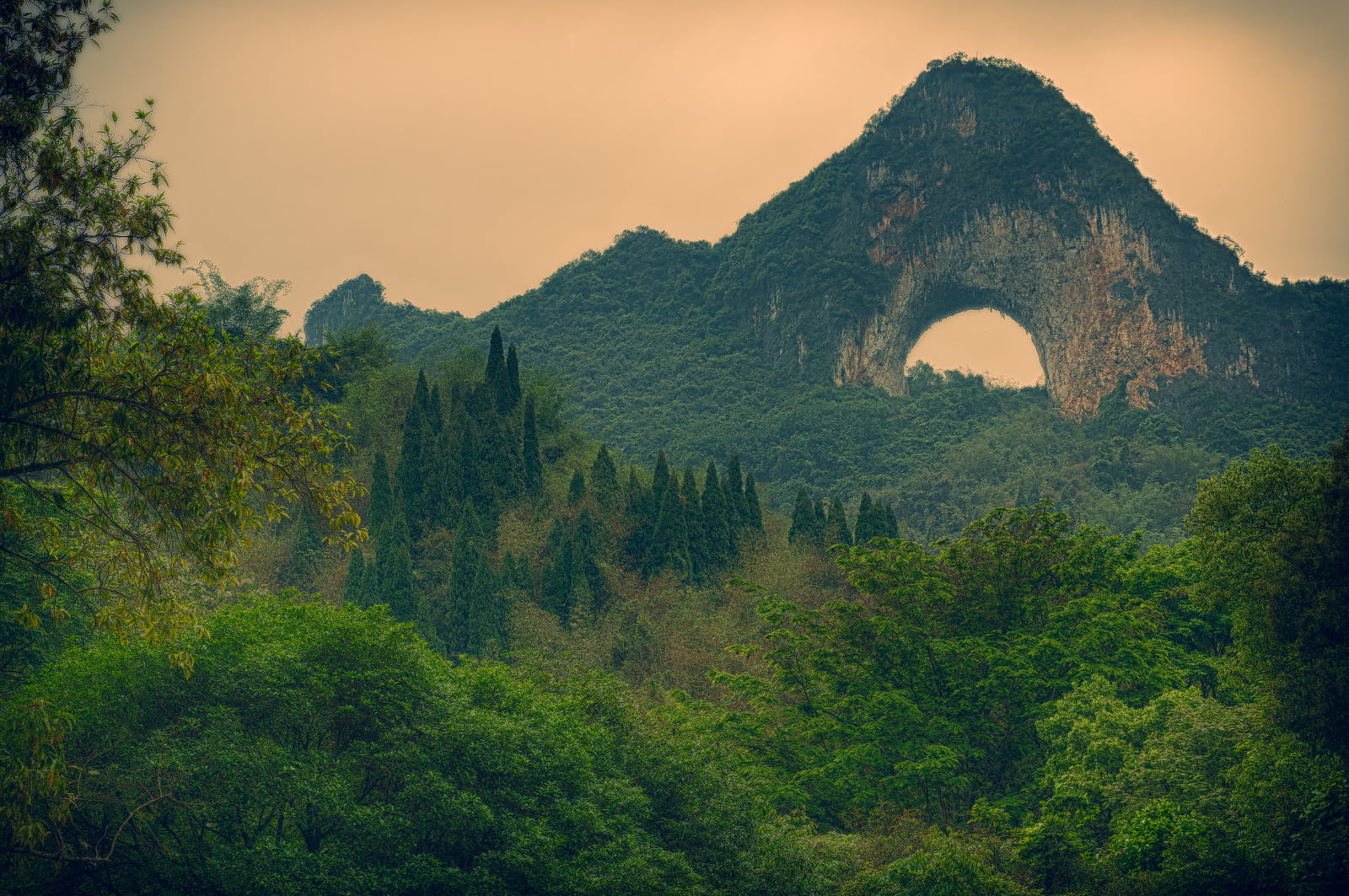 mountain, idyllic, rock, architecture, scenics - nature, beauty in nature, Moon Hill, mountain peak, mountain range, outdoors, green color, sky, China, HD Wallpaper
