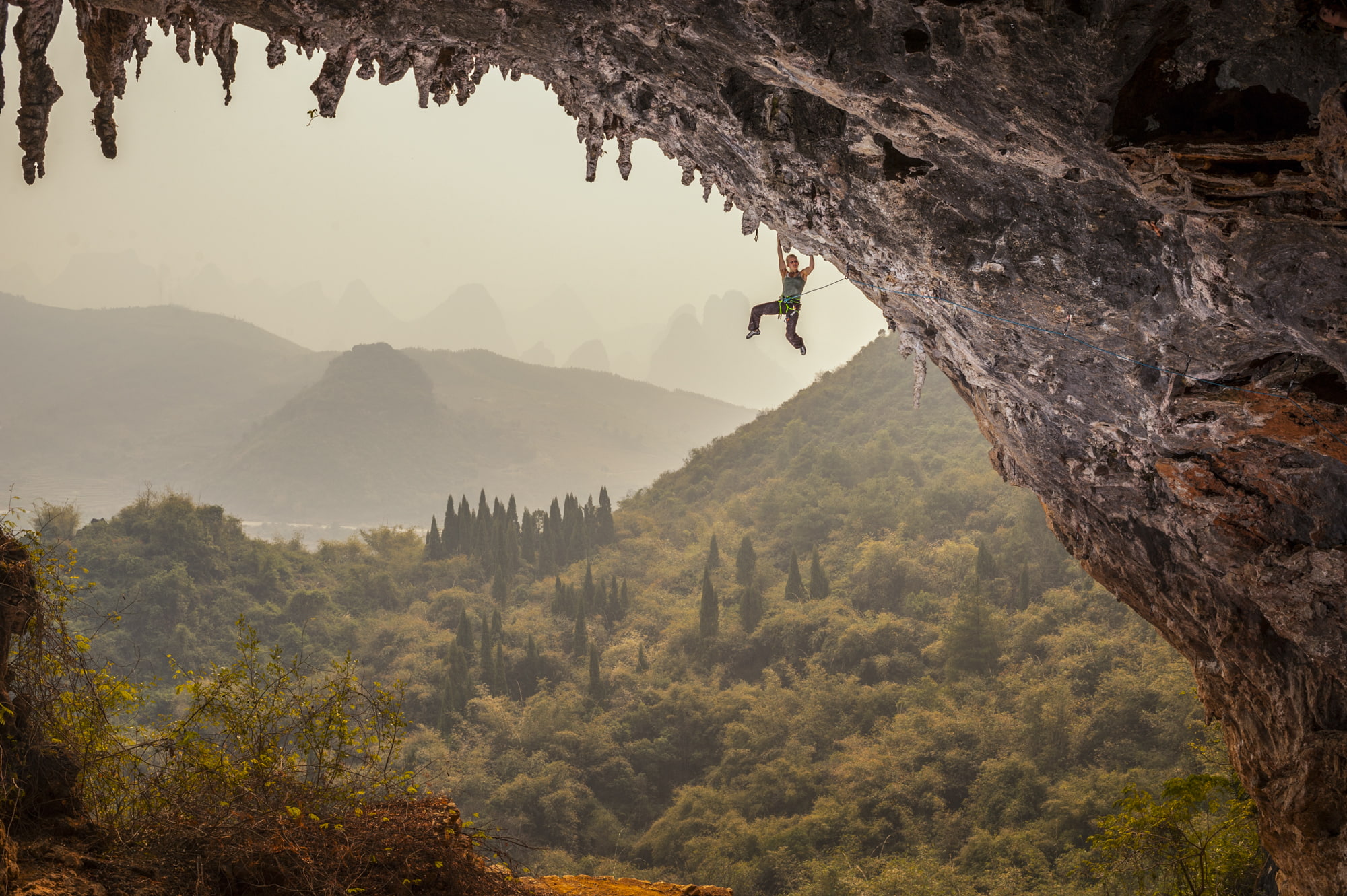 1080P, mountains, hills, nature, forest, China, trees, landscape, women, ropes, Asia, Moon Hill, rock climbing, HD Wallpaper