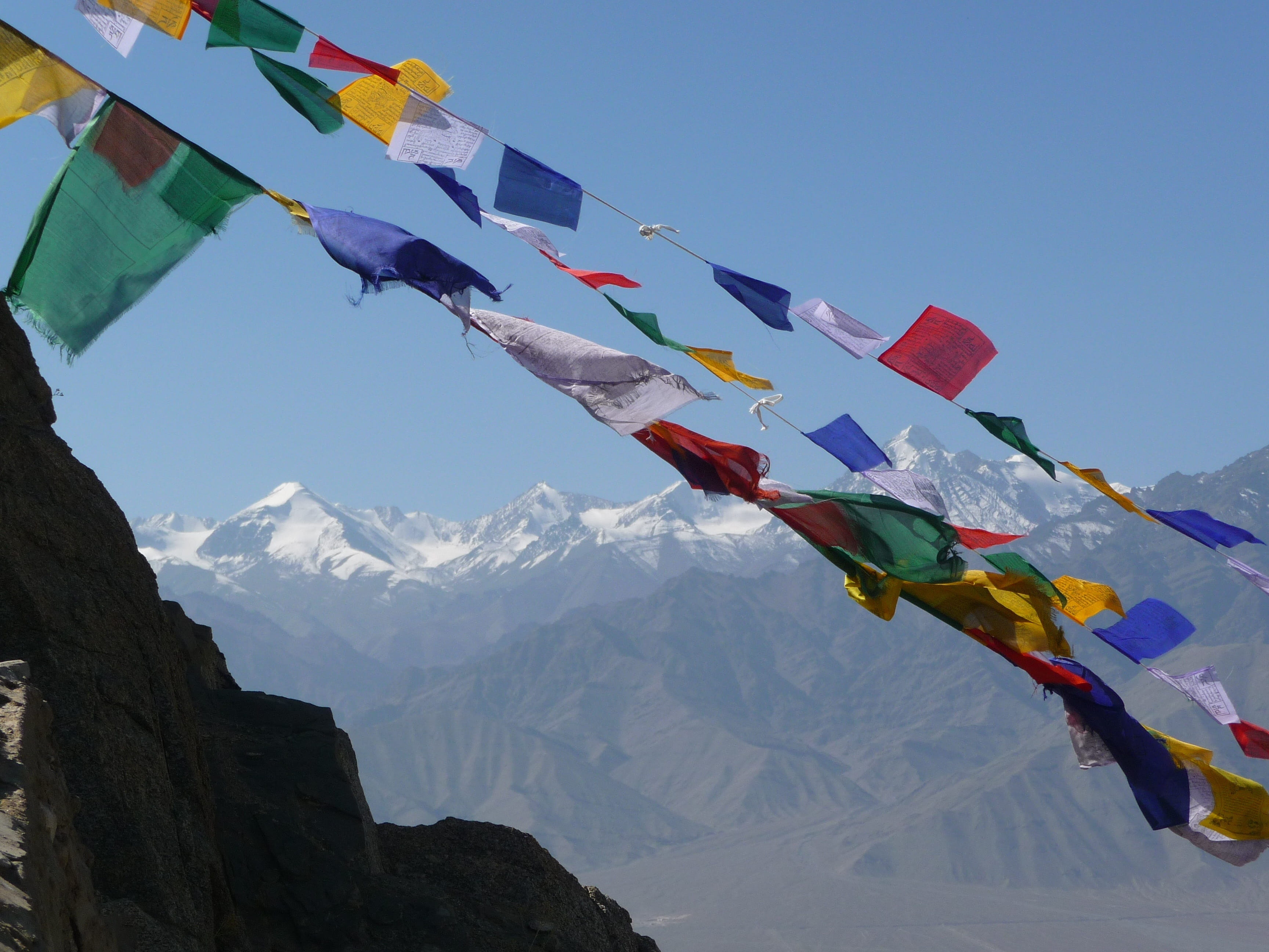 multicolored, snowcapped mountain, day, bunting, Ladakh, low angle view, wind, tranquility, hanging, scenics - nature, belief, religion, beauty in nature, HD Wallpaper
