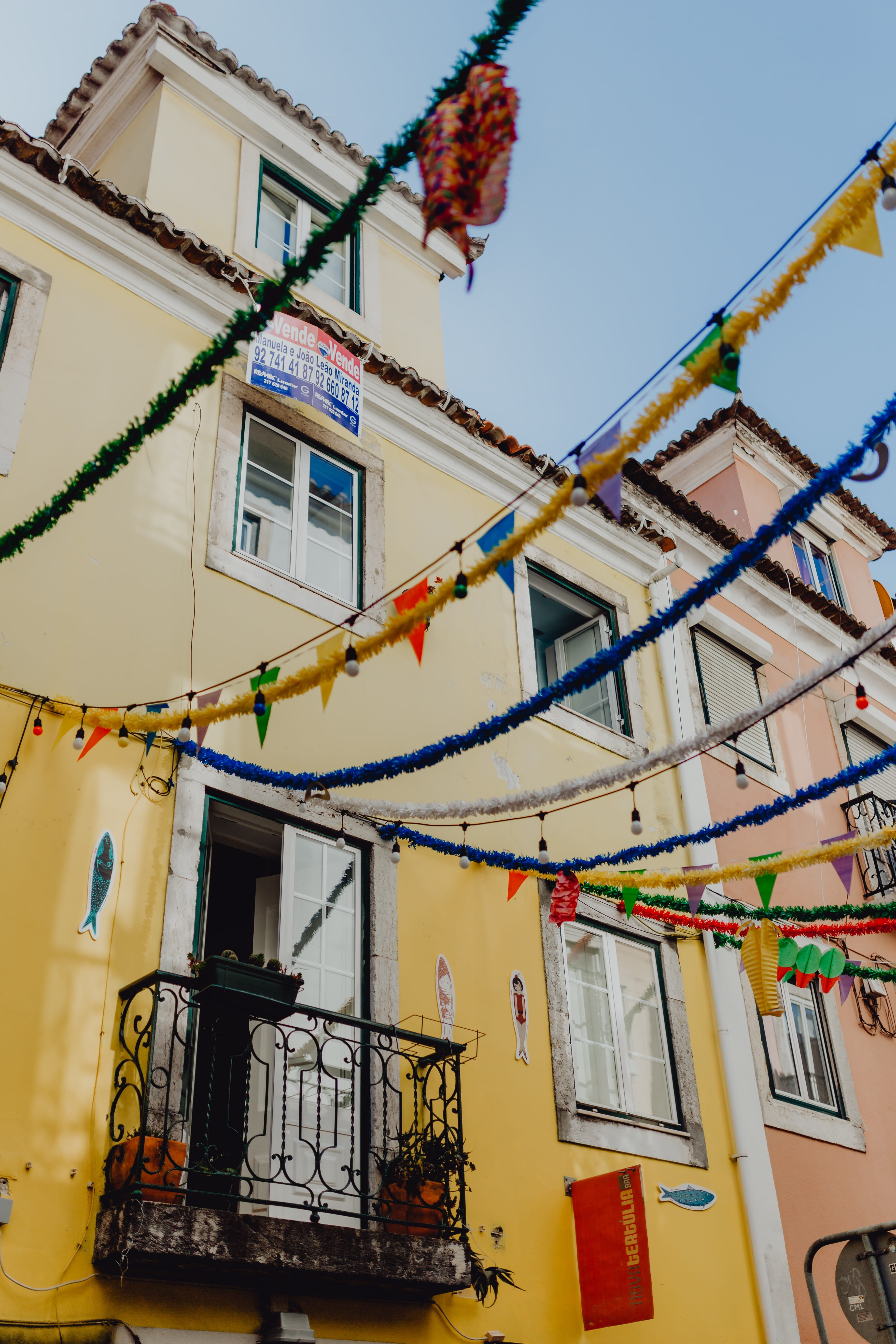architecture, streets, lisboa, built structure, sky, festival, residential district, day, 5K, saint, feast, city, low angle view, downtown, clear sky, Phone HD Wallpaper