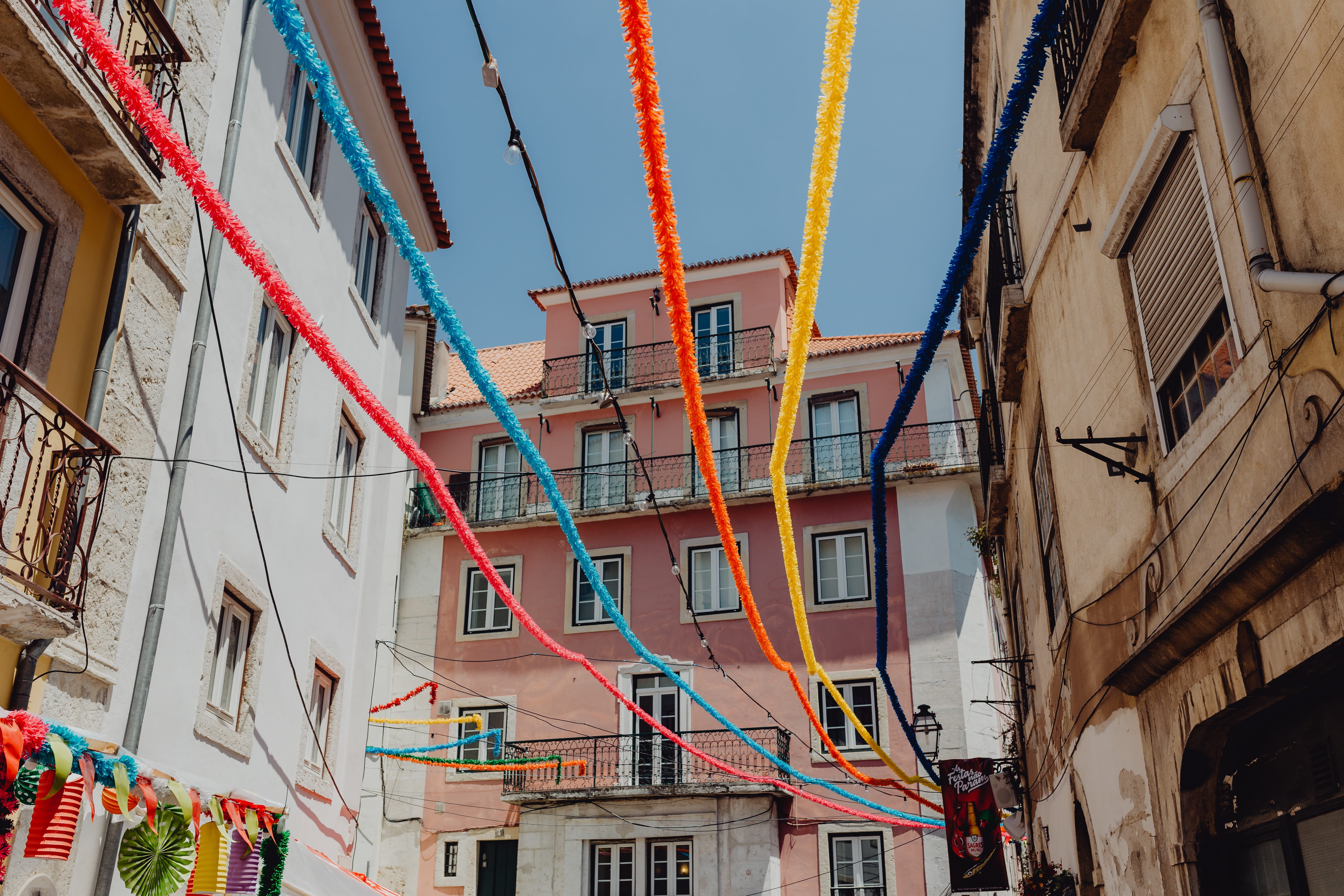 june, bunting, building exterior, travel, saint, santo antonio, festival, multi colored, clothing, downtown, hanging, city, colorful, decorated, low angle view, HD Wallpaper