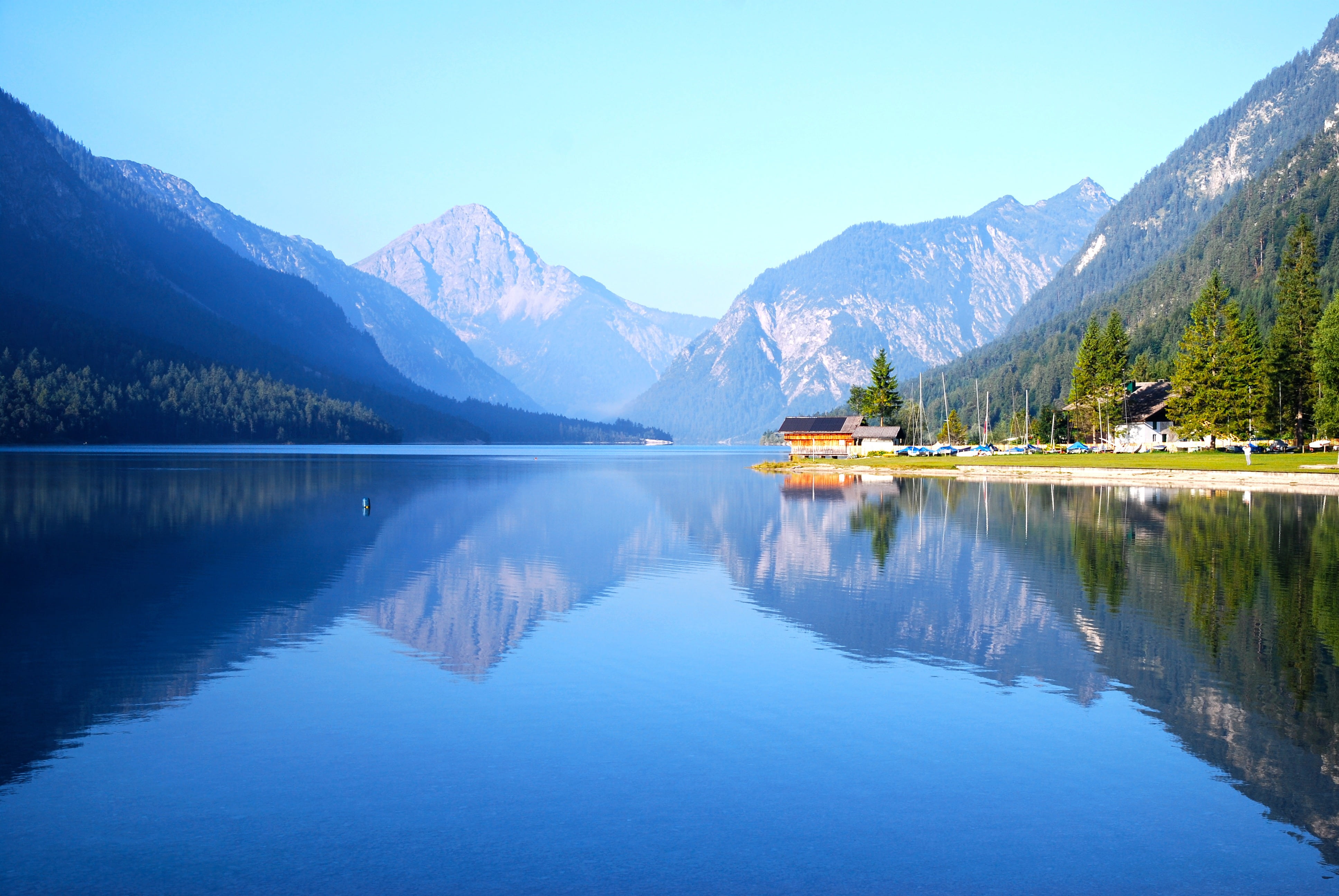 no people, 4K, lake, tranquil scene, bunting forest, beauty in nature, forest, nature, reflection, non-urban scene, tyrol, outdoors, mountain, mountain range, HD Wallpaper