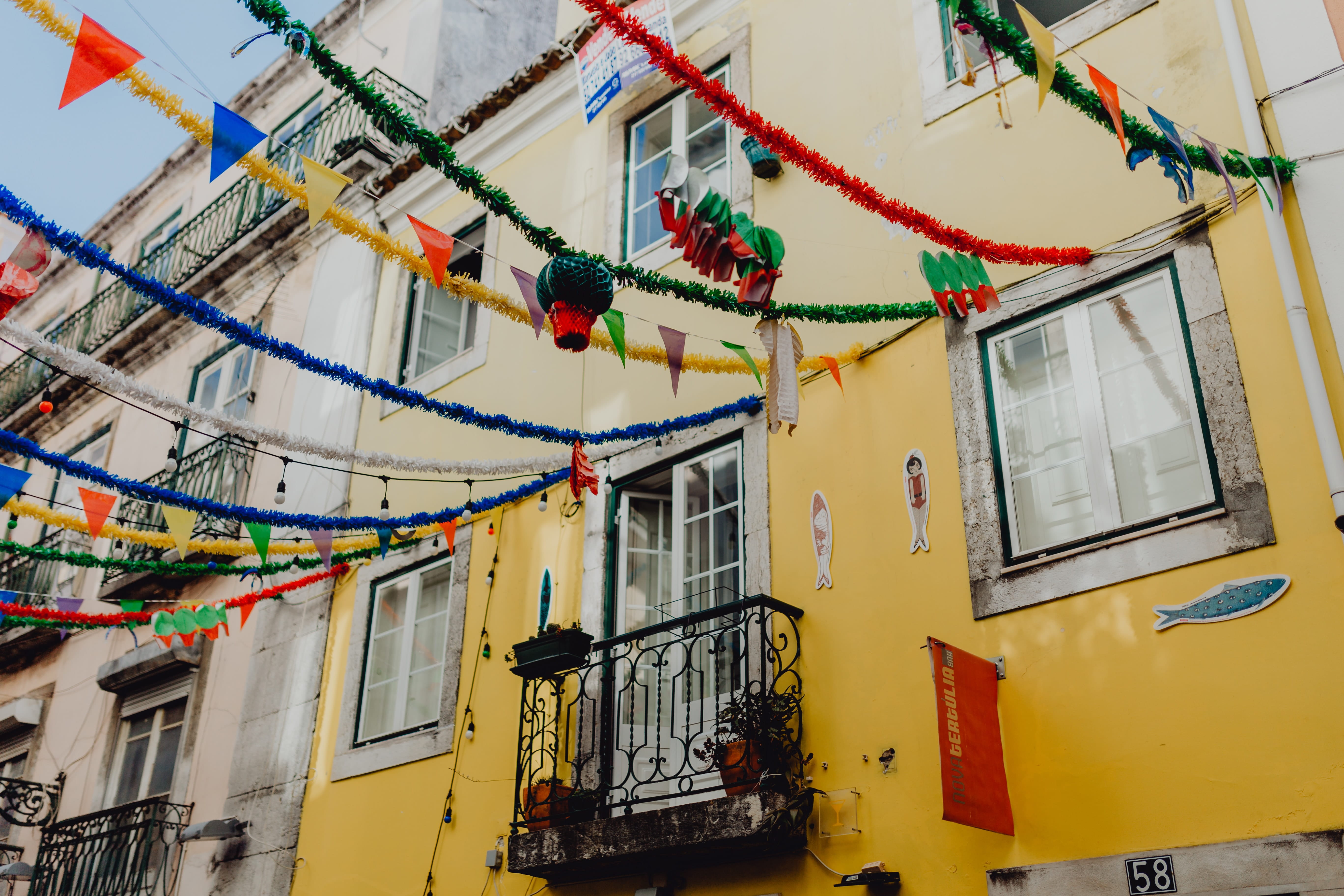 outdoors, celebration, decorated, window, decoration, happy, june, bunting, lisbon, downtown, nature, travel, hanging, decorations, built structure, colorful, HD Wallpaper