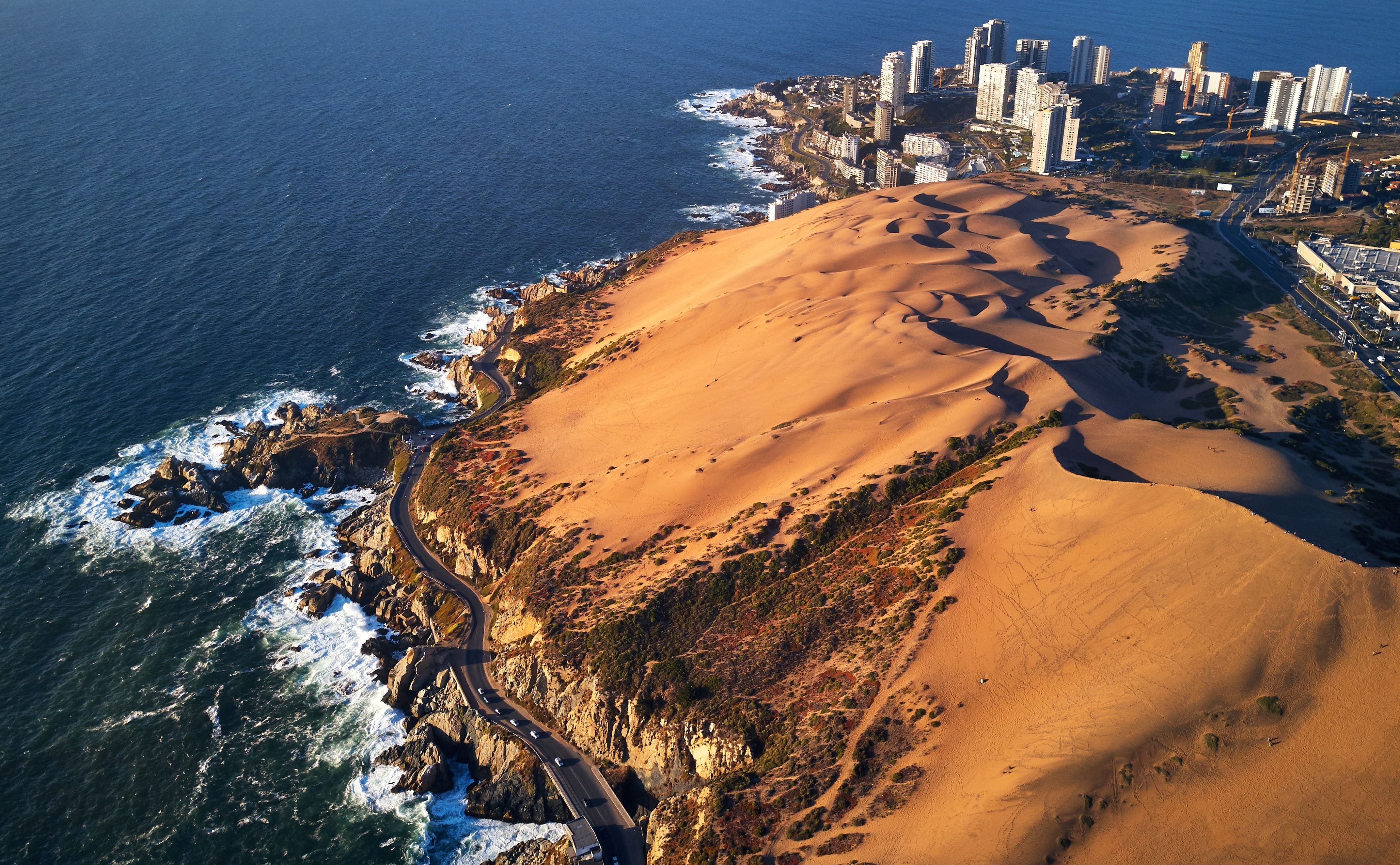 DronePhotography, South America, Coast, Concon, Dunes, Sand, Chile, 4K, Aerial, region, Ocean, View, Valparaiso, HD Wallpaper