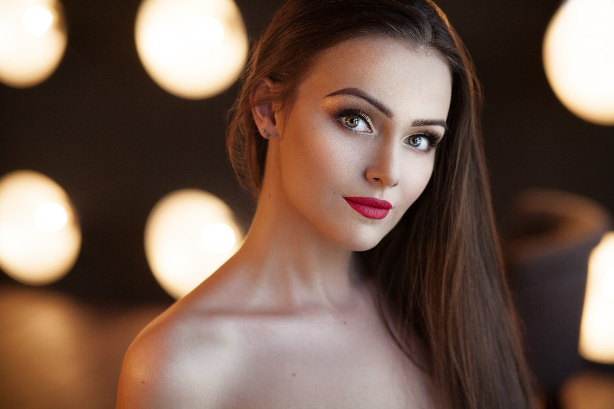 women, portrait, straight hair, looking at viewer, red lipstick, 1080P, bare shoulders, face, long hair, HD Wallpaper