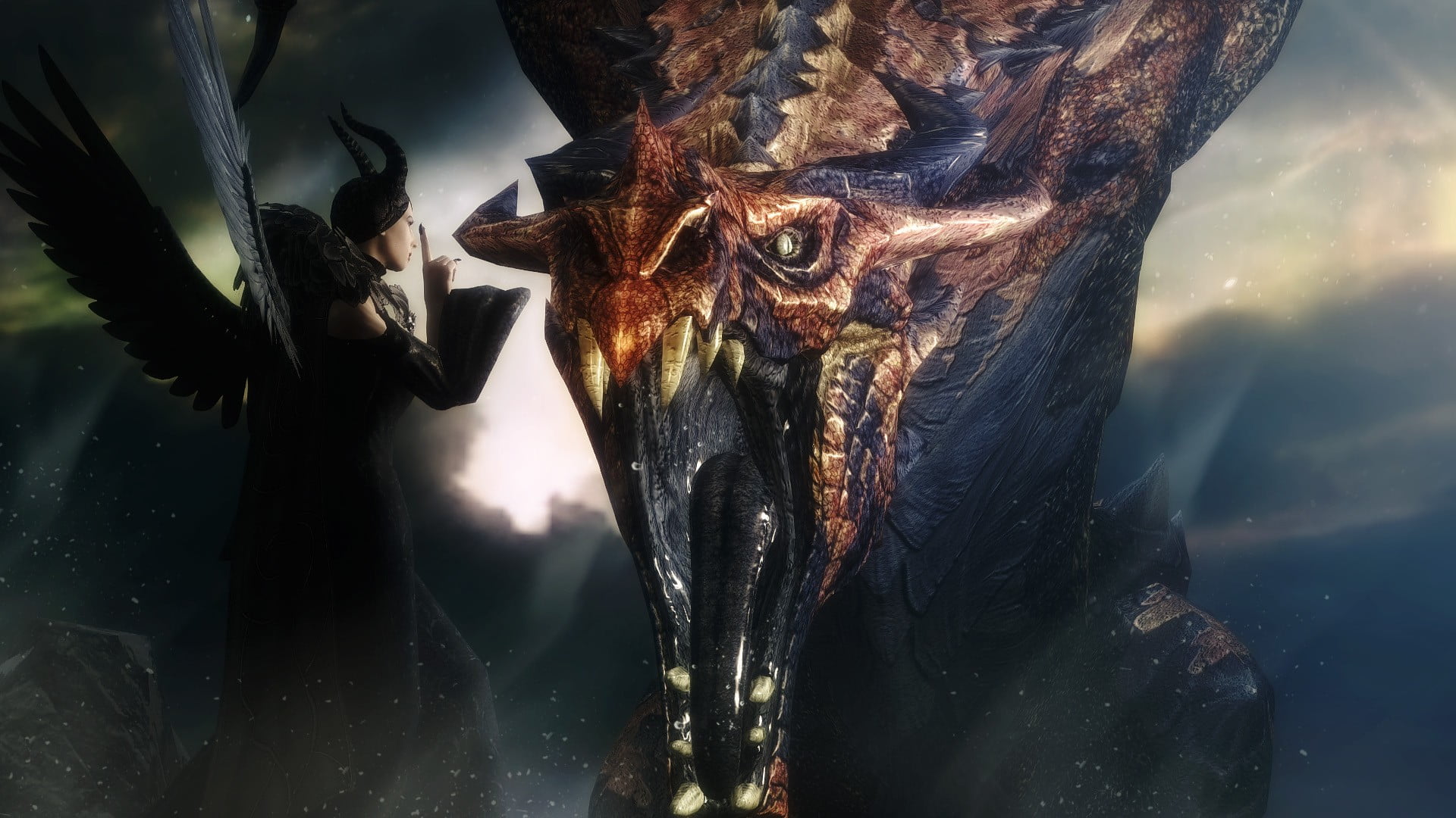 cloud - sky, close-up, Maleficent, outdoors, digital, The Elder Scrolls V: Skyrim, animal, digital composite, reflection, 1080P, mammal, animal wildlife, HD Wallpaper