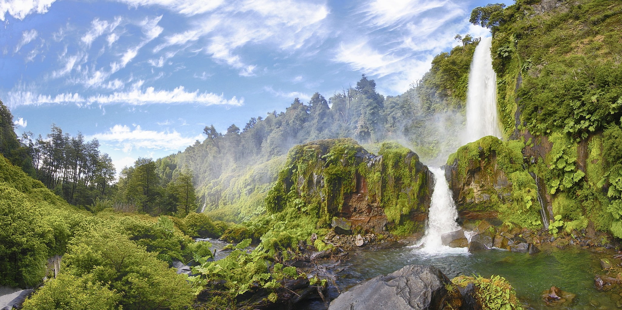 national park, forest, moss, summer, clouds, river, trees, 1080P, waterfall, Chile, pond, shrubs, panoramas, hills, nature, landscape, HD Wallpaper