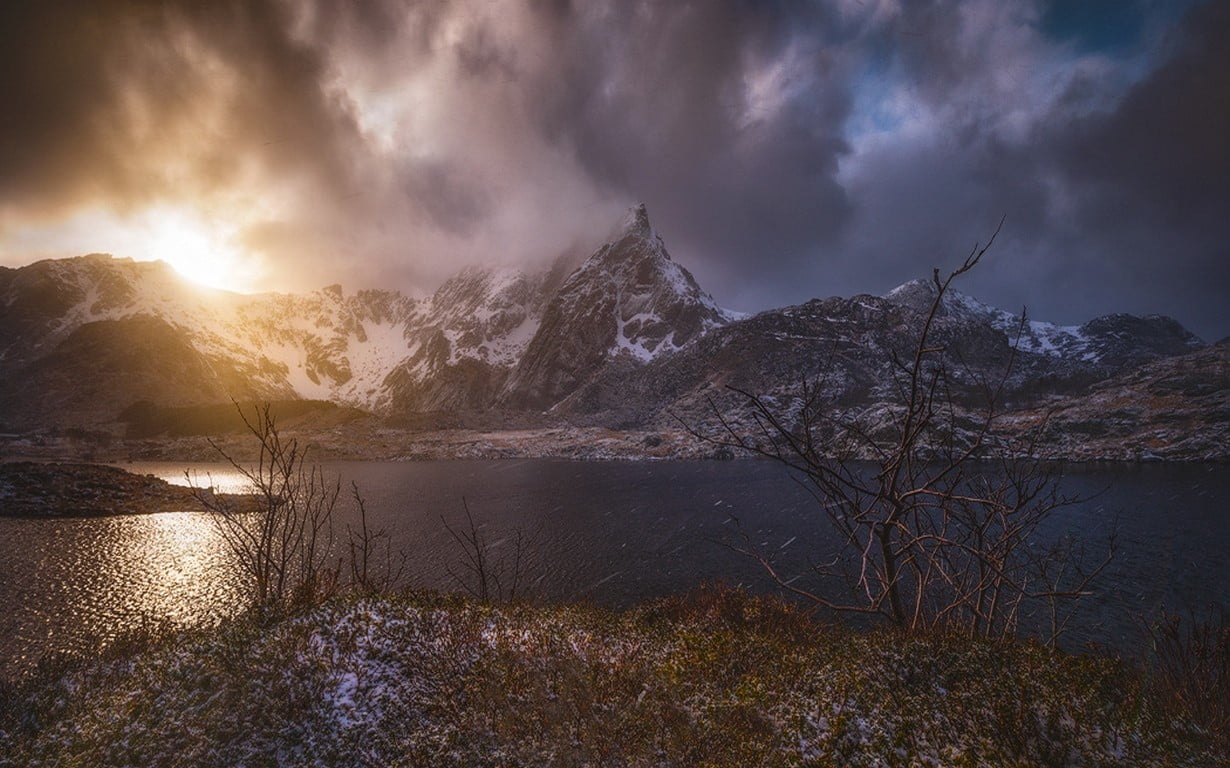 cold temperature, cloud - sky, island, beauty in nature, mountains, black, 480P, Norway, dead trees, winter, mountain, tranquility, Lofoten, no people, HD Wallpaper