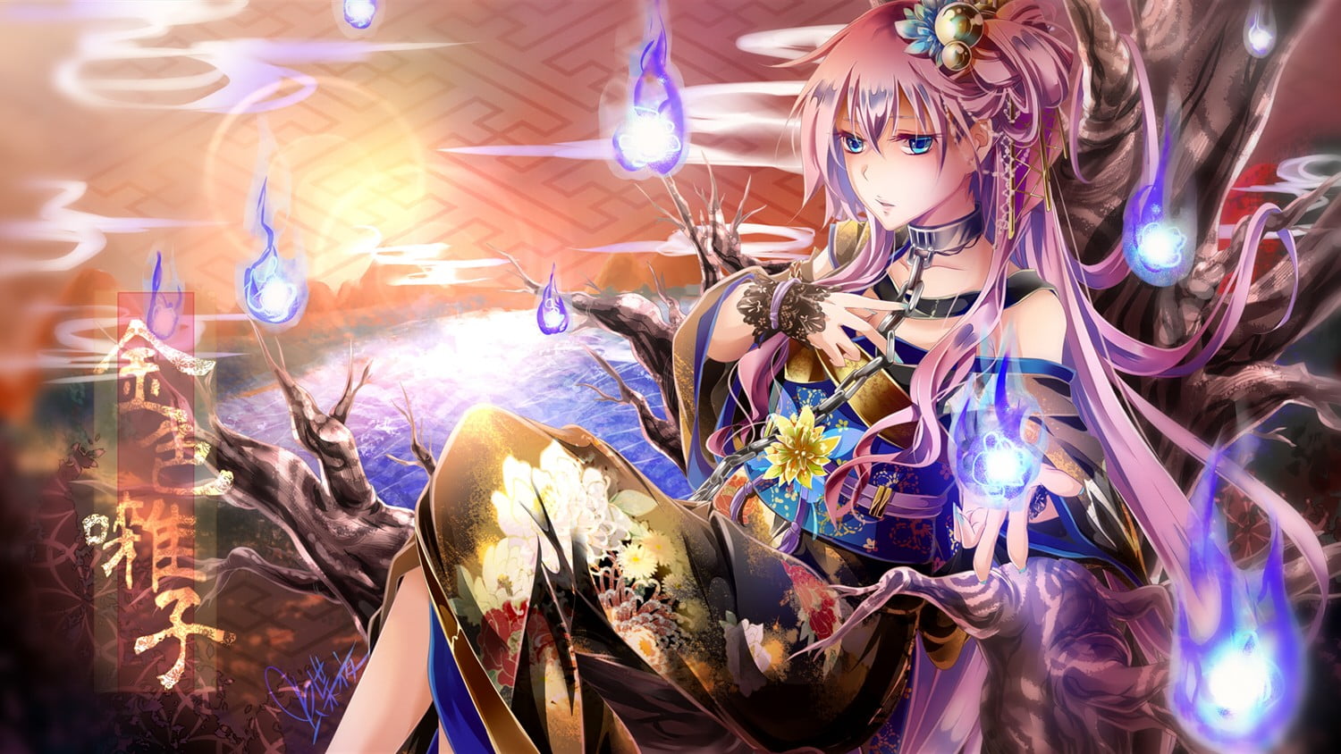 lifestyles, people, representation, mountains, light, kimono, anime, Megurine Luka, anime girls, illuminated, indoors, women, long hair, lighting equipment, HD Wallpaper