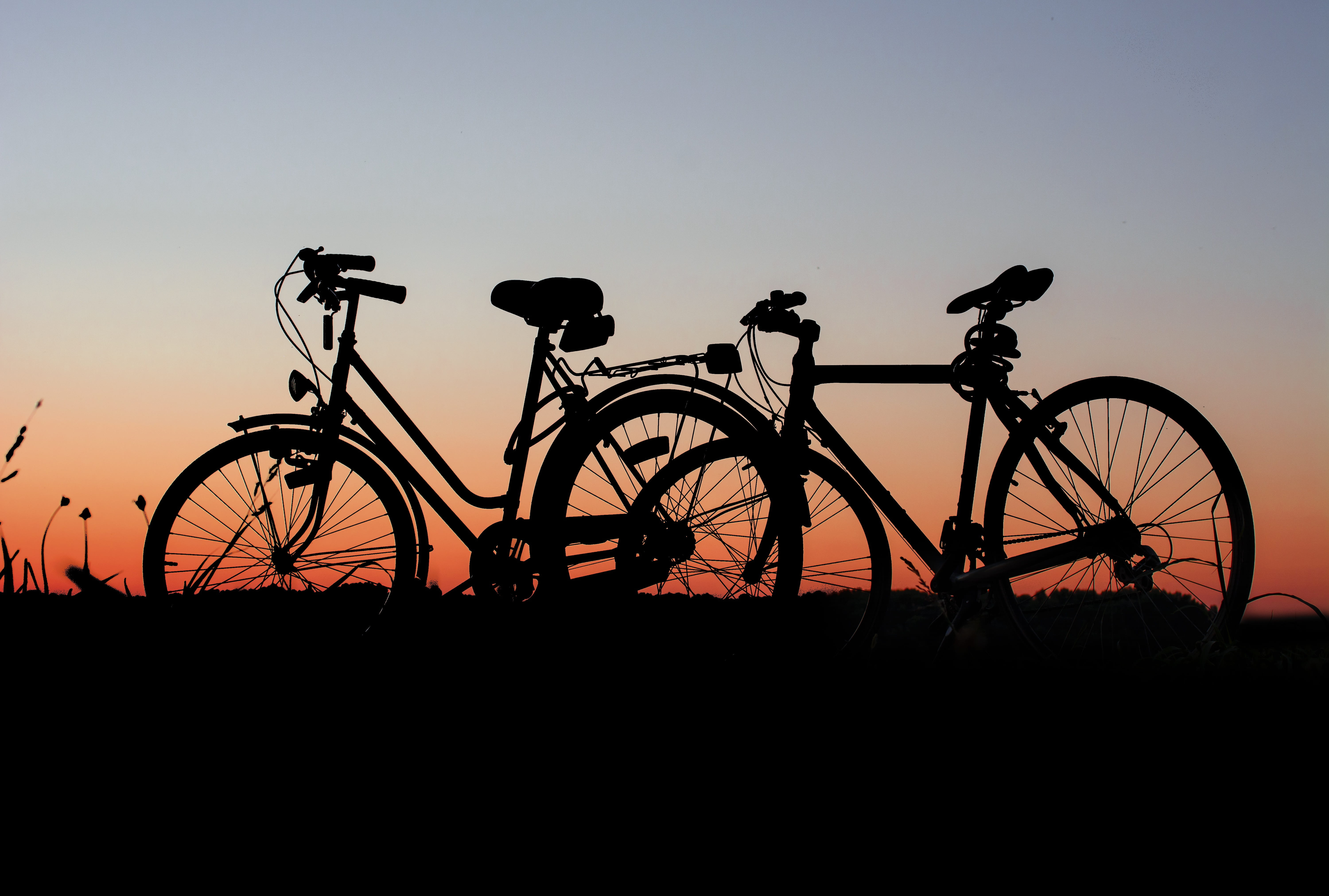 summer, travel, bikes, sunrise, dusk, sky, low angle view, nature, dawn, no people, transportation system, land vehicle, tire, clear sky, absence, outdoors, HD Wallpaper