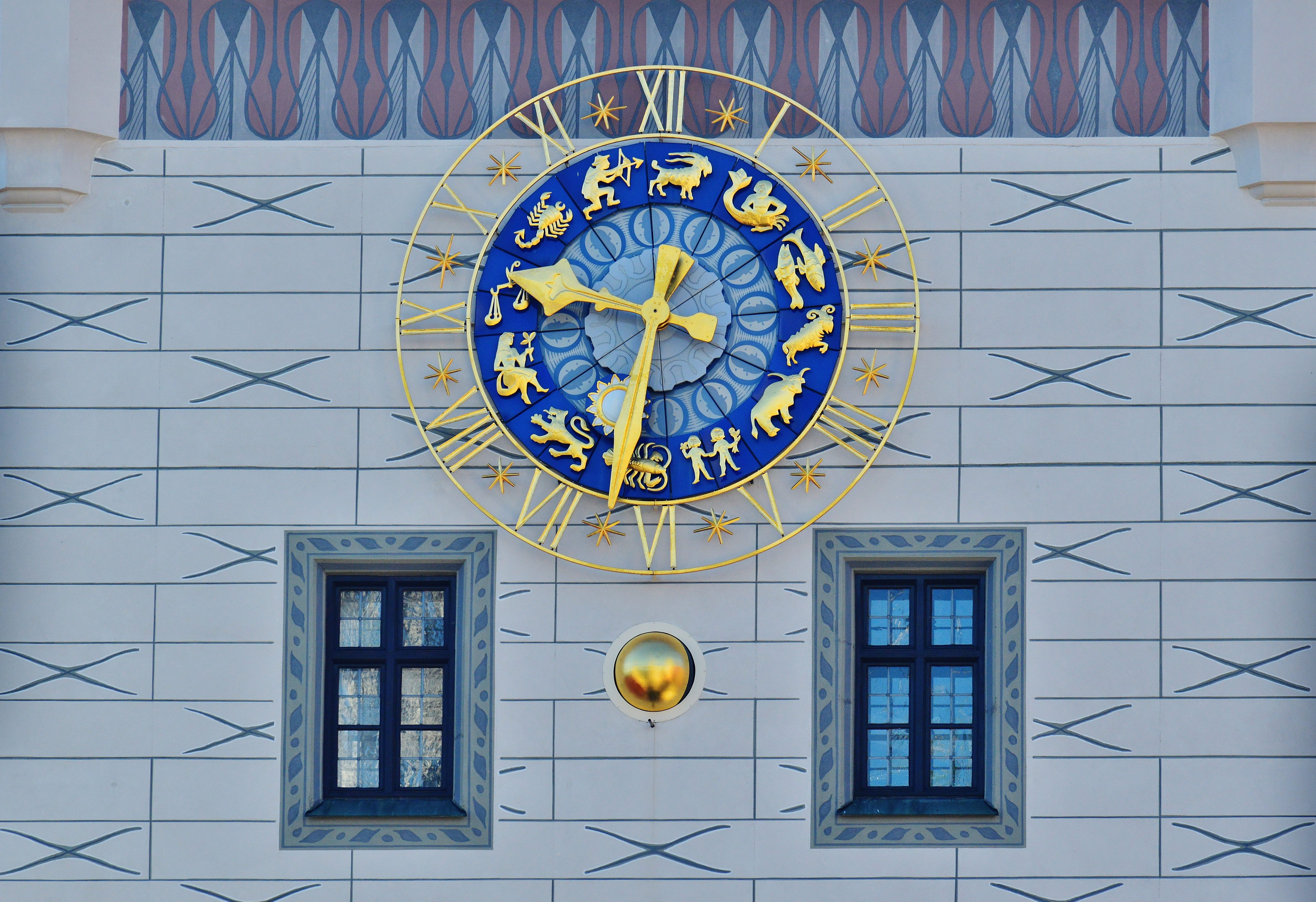 astrology sign, gold, built structure, clock face, decoration, circle, minute hand, architecture, round, clock, day, wall clock, munich, number, geometric shape, HD Wallpaper