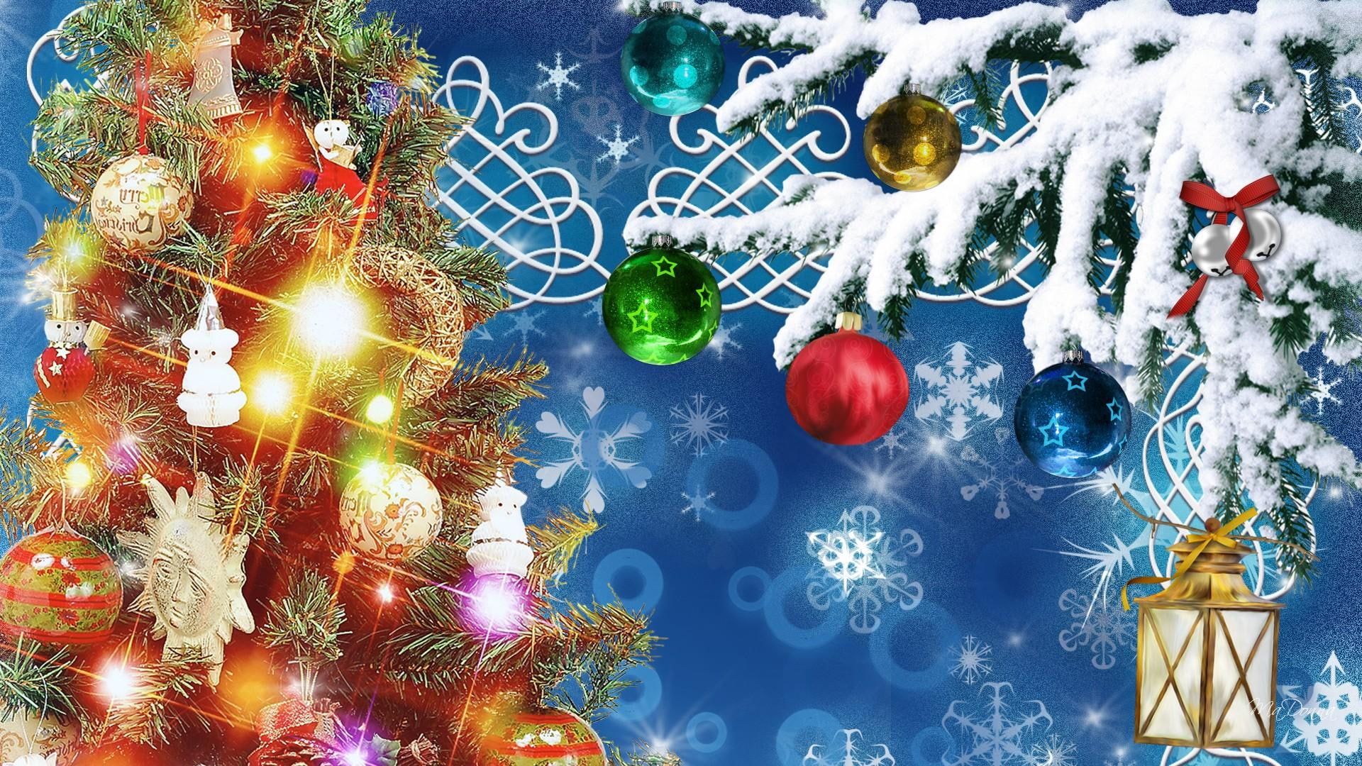 pine, light, winter, 1080P, christmas, snow, cold, trees, tree, firefox persona, decorations, feliz navidad, baubles, bright, HD Wallpaper