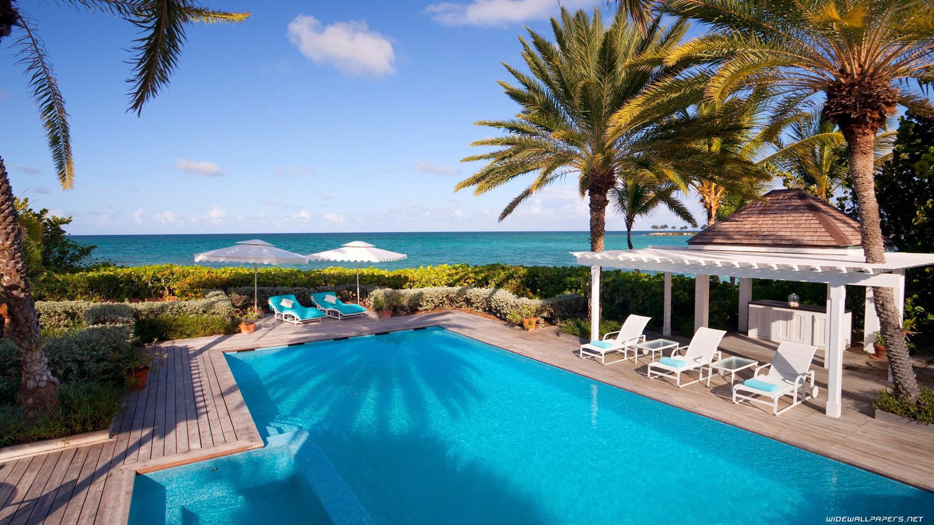 water, resort, swimming pool, architecture, nature and landscapes, 1080P, trees, HD Wallpaper
