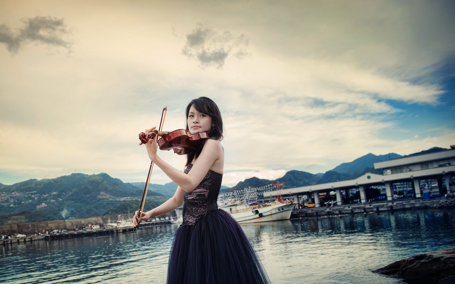1080P, Pier, Asian, Violin, Music, Girl, HD Wallpaper