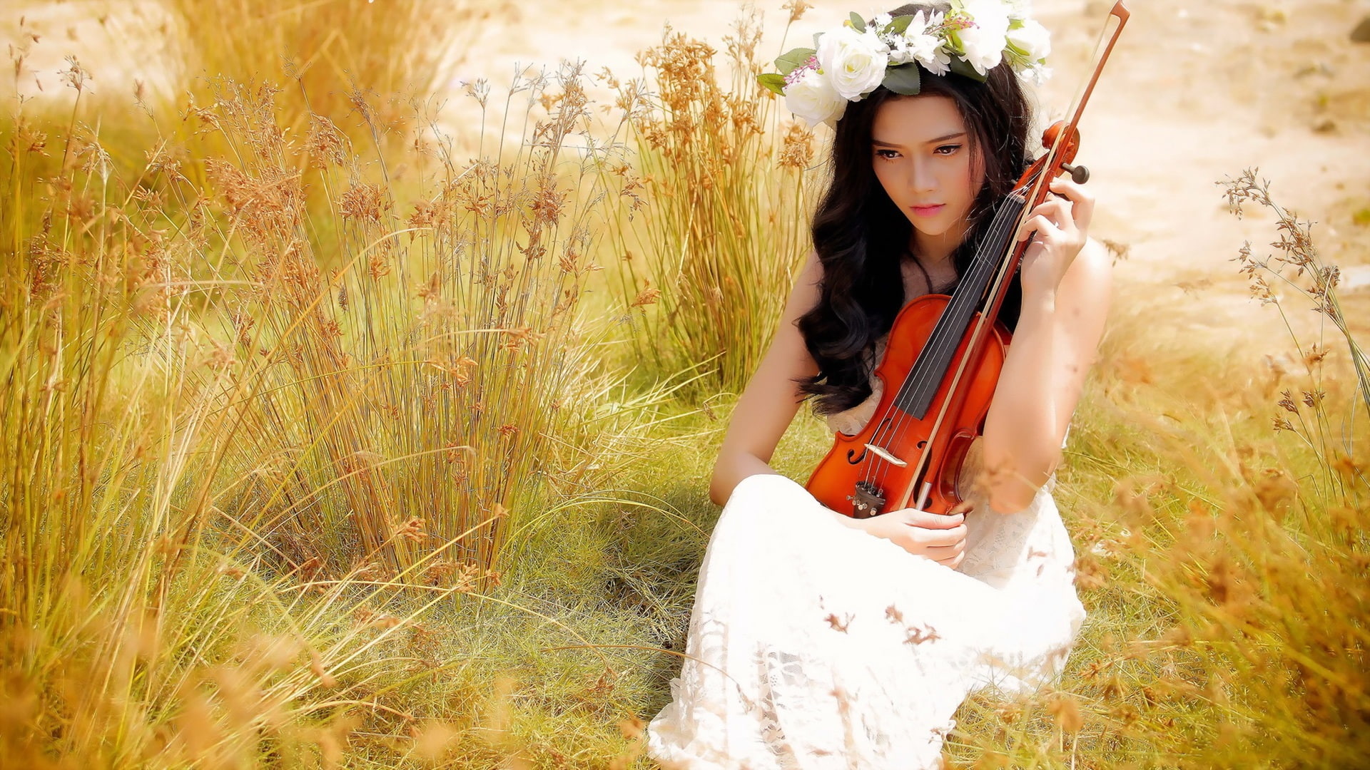 1080P, Summer, Girl, Rose, White, Asian, Music, Grass, Violin, Flowers, HD Wallpaper
