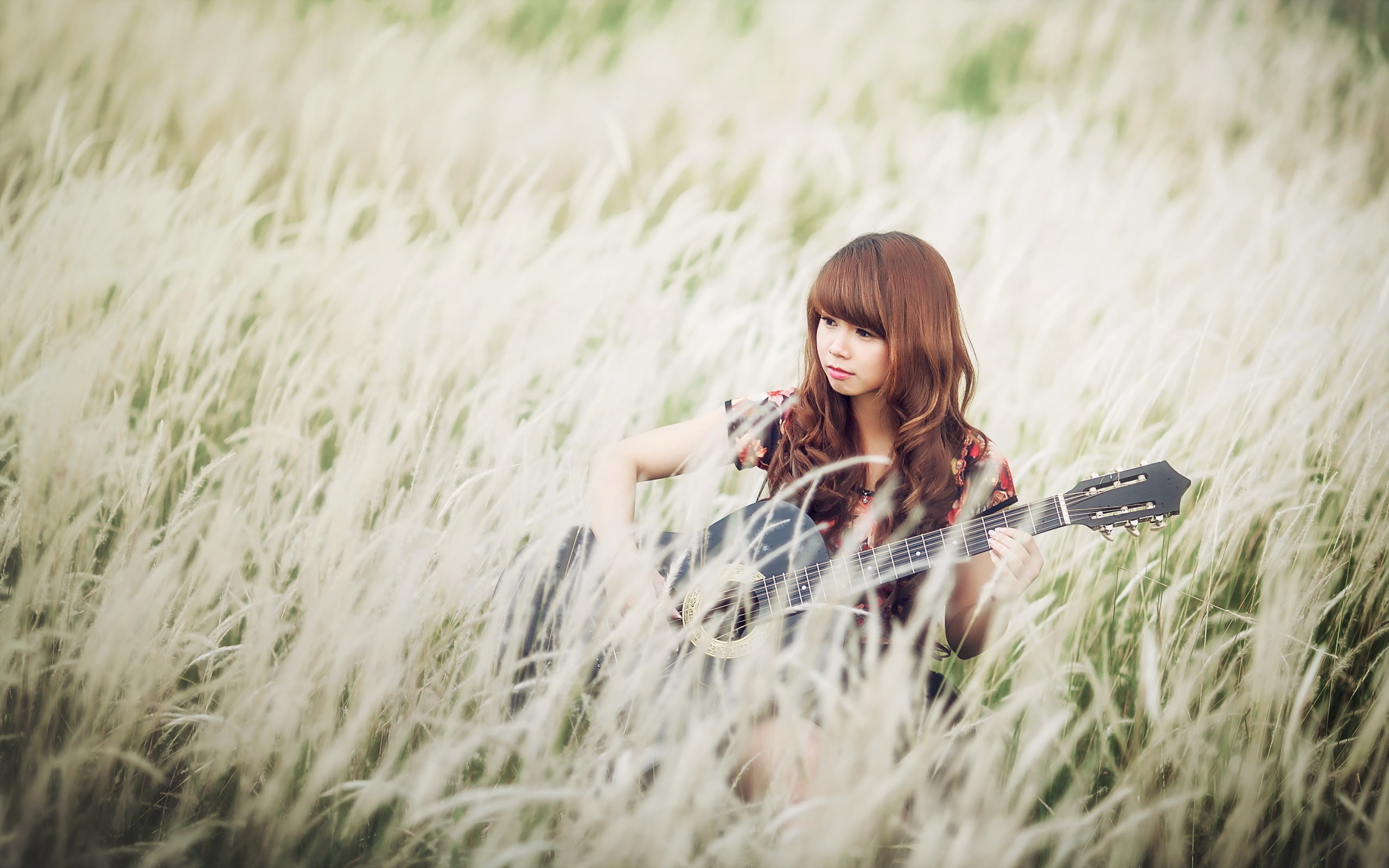 Music, 2K, Asian, Girl, Grass, Guitar, HD Wallpaper
