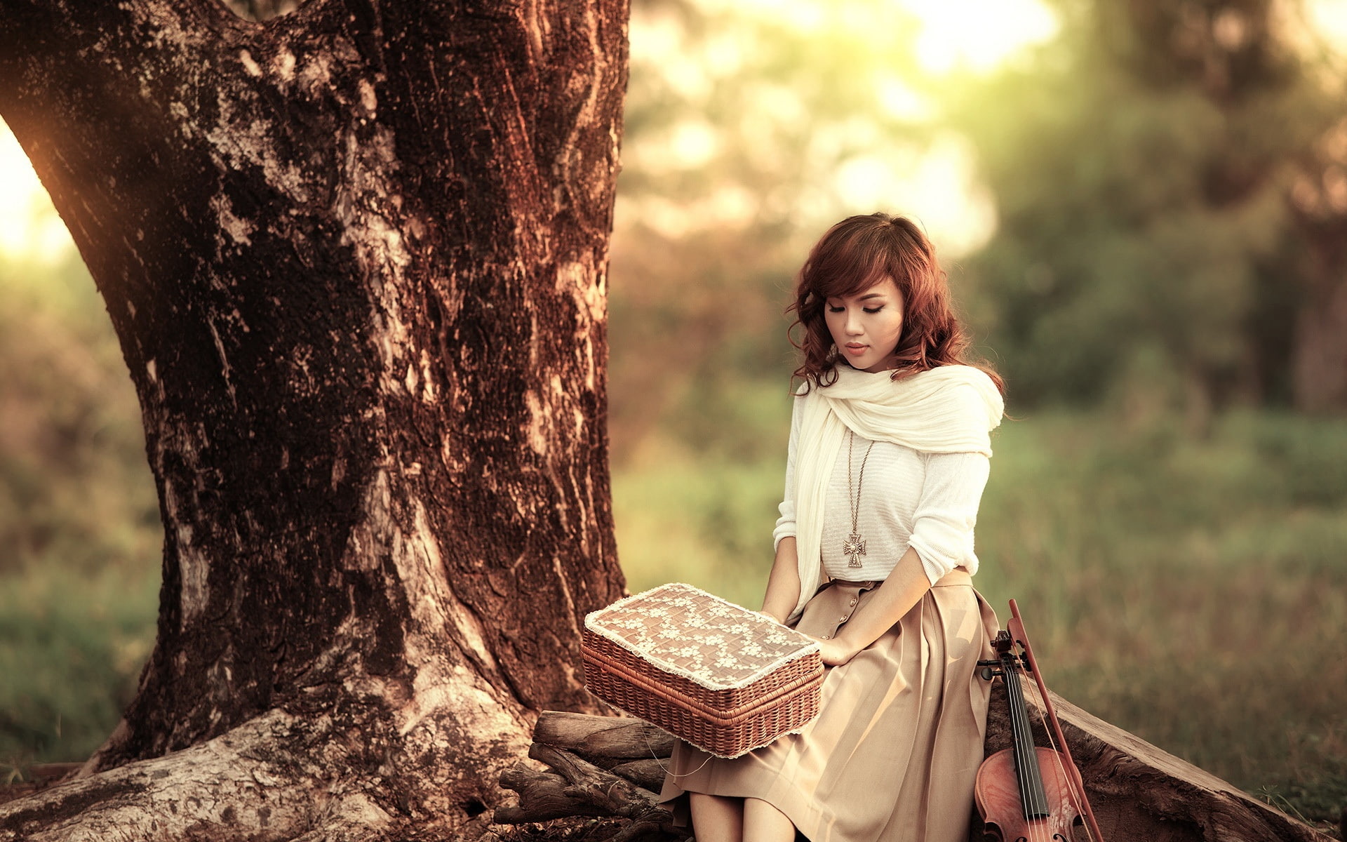 Asian, 1080P, Girl, Music, Sunset, Violin, HD Wallpaper